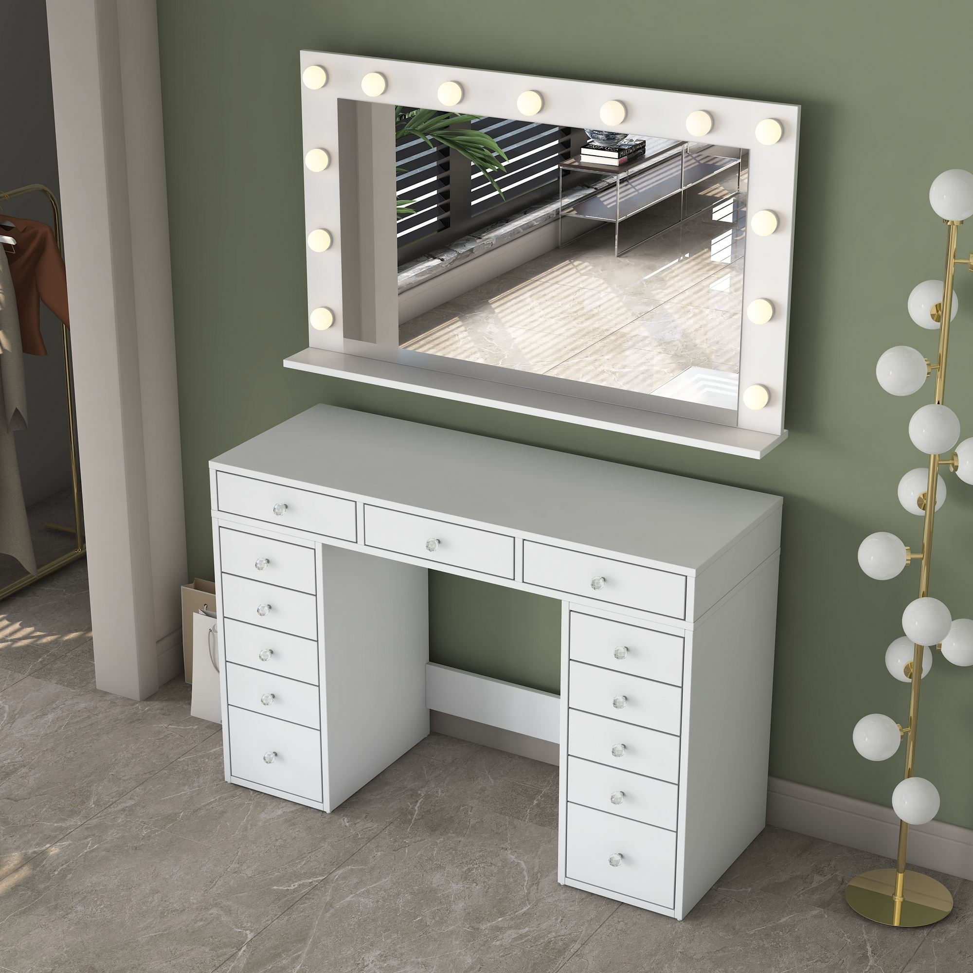 Masa de machiaj BJ198, 120 x 81,6 x 44,5 cm, alb, PAL, oglinda LED — imaginea 3