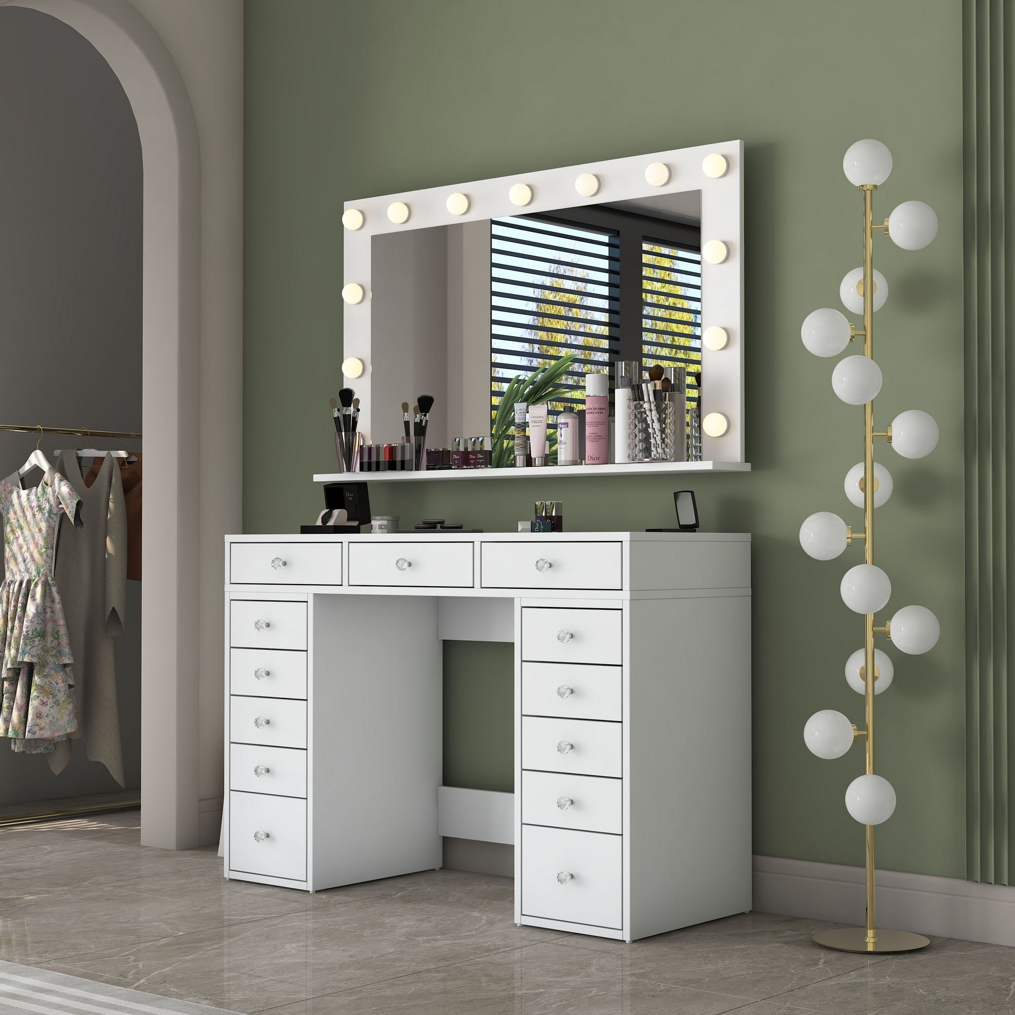 Masa de machiaj BJ198, 120 x 81,6 x 44,5 cm, alb, PAL, oglinda LED — imaginea 4