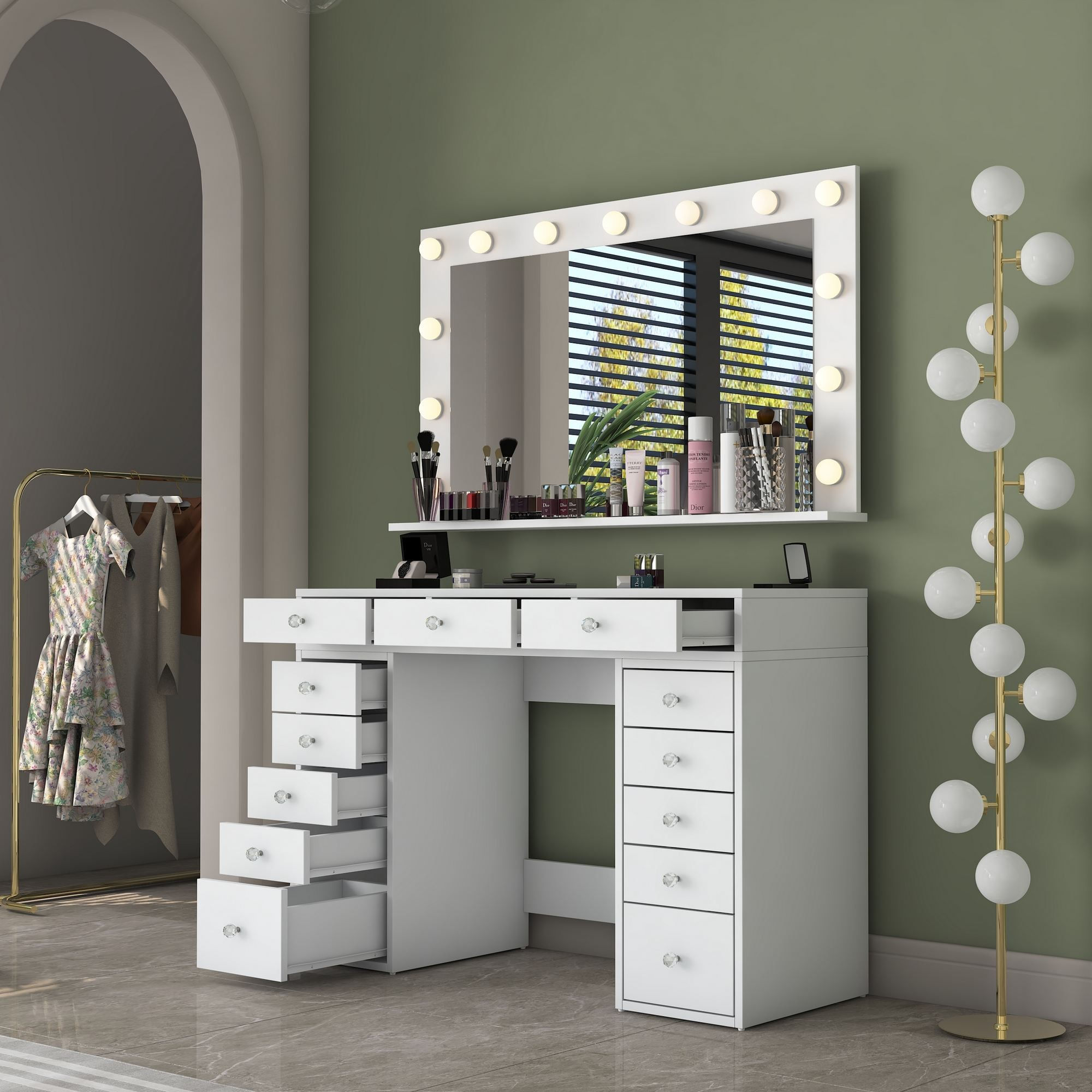 Masa de machiaj BJ198, 120 x 81,6 x 44,5 cm, alb, PAL, oglinda LED — imaginea 7