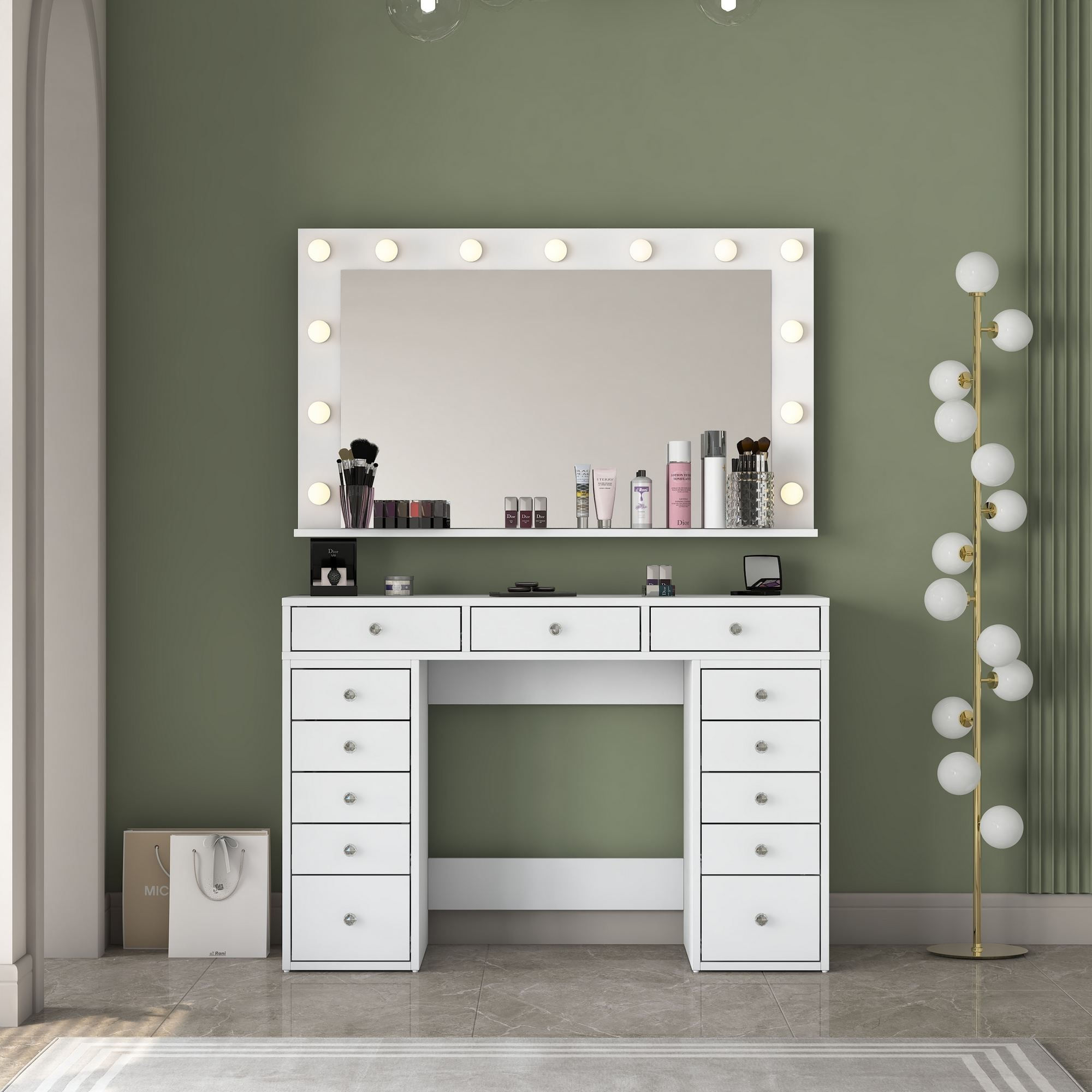 Masa de machiaj BJ198, 120 x 81,6 x 44,5 cm, alb, PAL, oglinda LED — imaginea 8