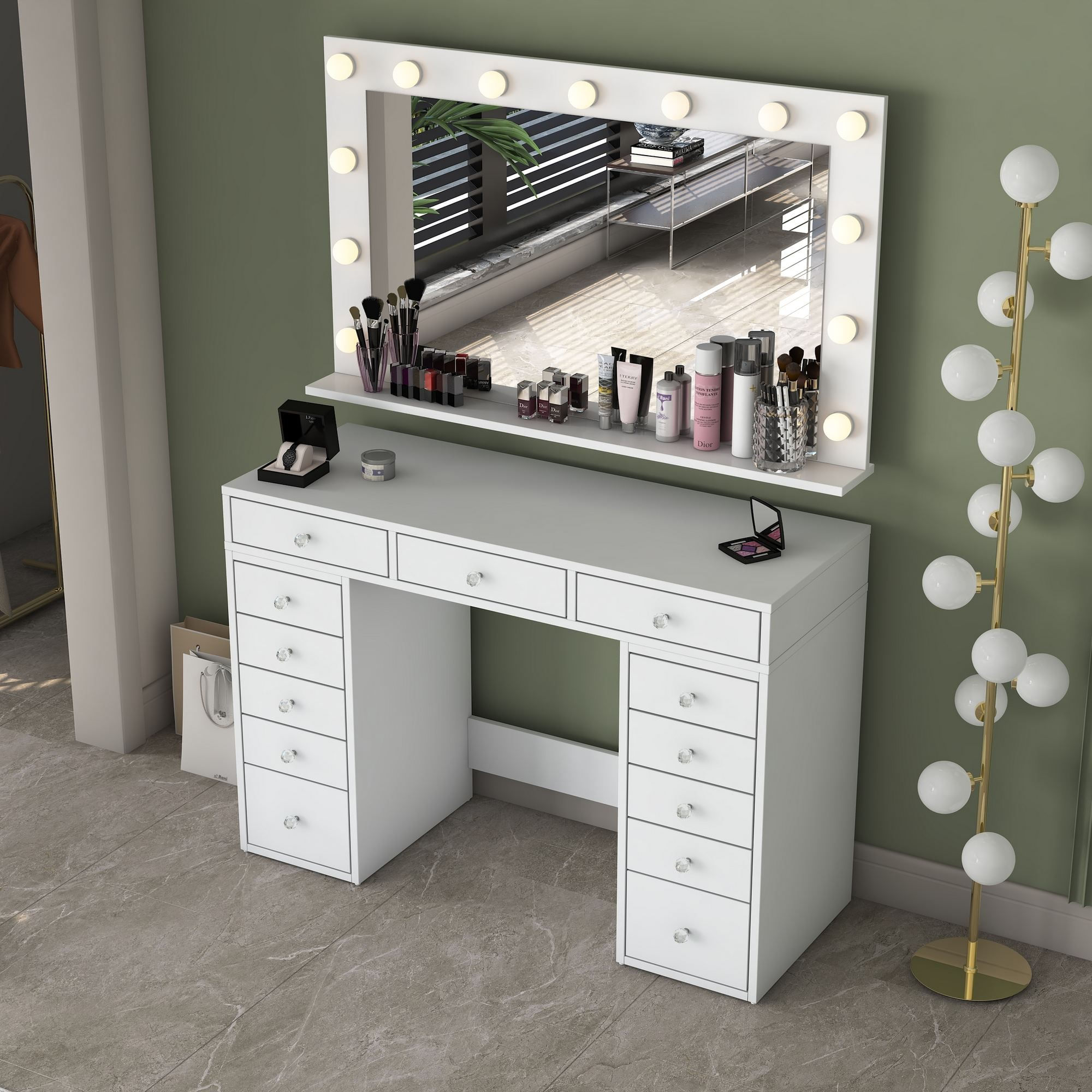 Masa de machiaj BJ198, 120 x 81,6 x 44,5 cm, alb, PAL, oglinda LED — imaginea 10