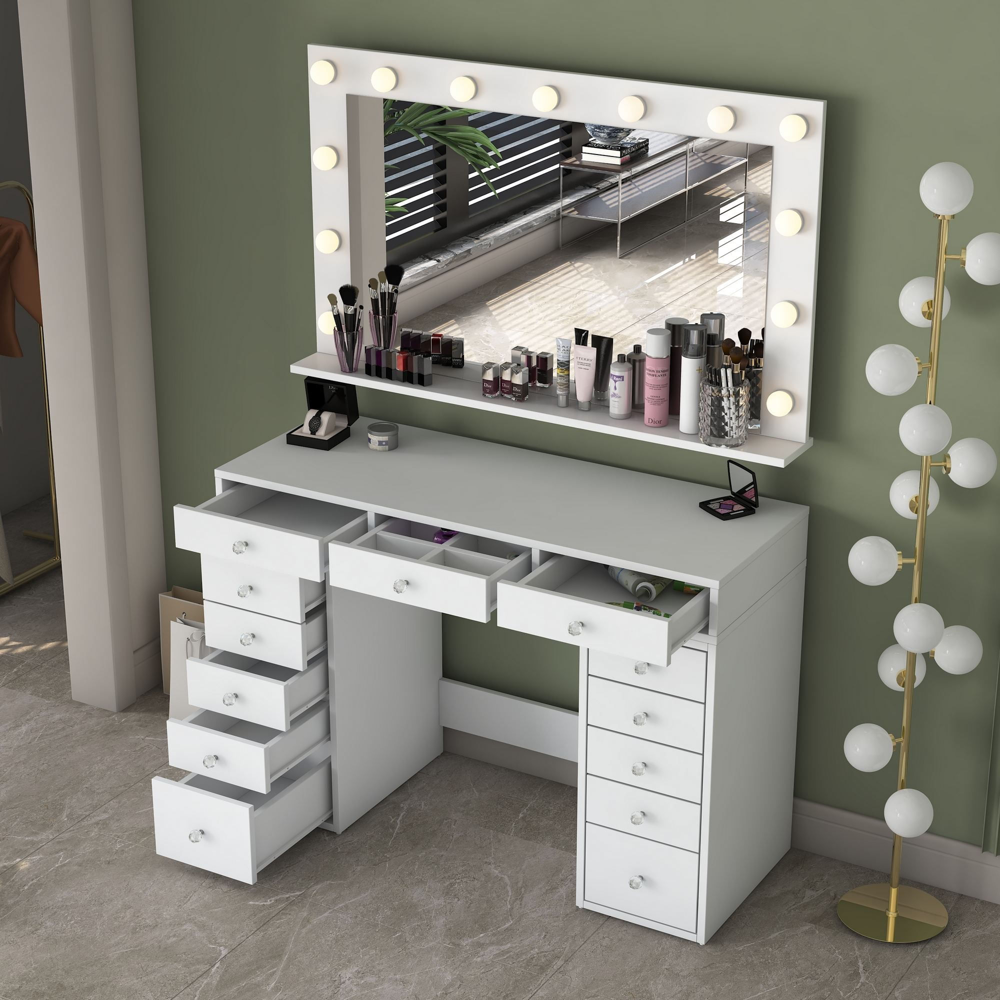 Masa de machiaj BJ198, 120 x 81,6 x 44,5 cm, alb, PAL, oglinda LED — imaginea 12