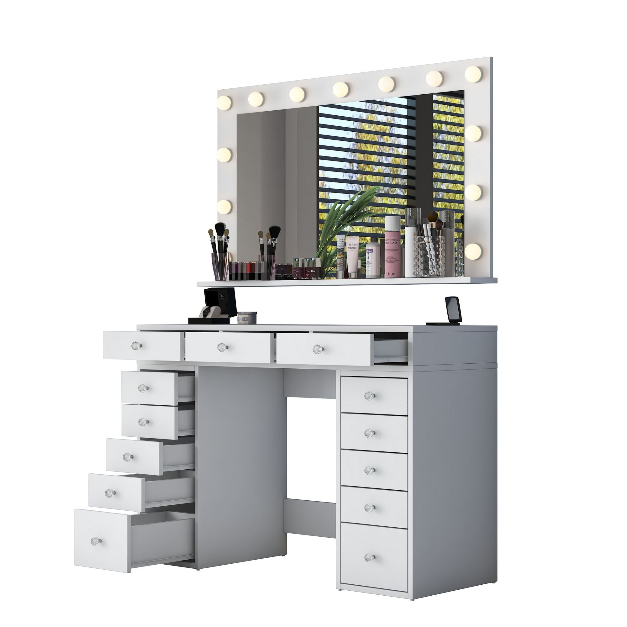 Masa de machiaj BJ198, 120 x 81,6 x 44,5 cm, alb, PAL, oglinda LED — imaginea 13
