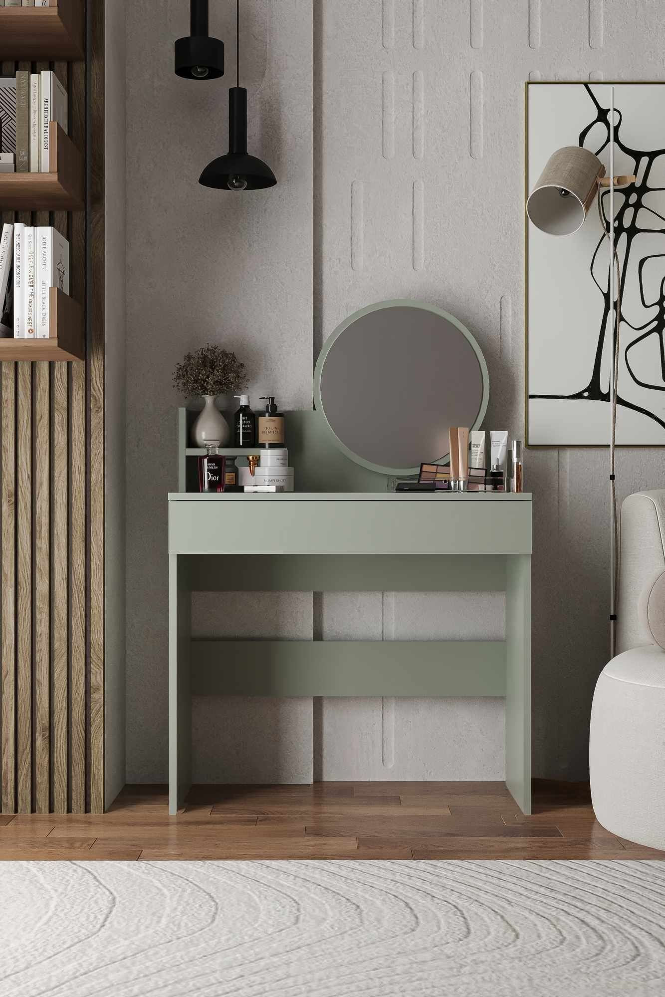 Masa de machiaj Harmony Mini rotunda, 90 x 133 x 40 cm, frasin verde, PAL melaminat, ash verde — imaginea 3