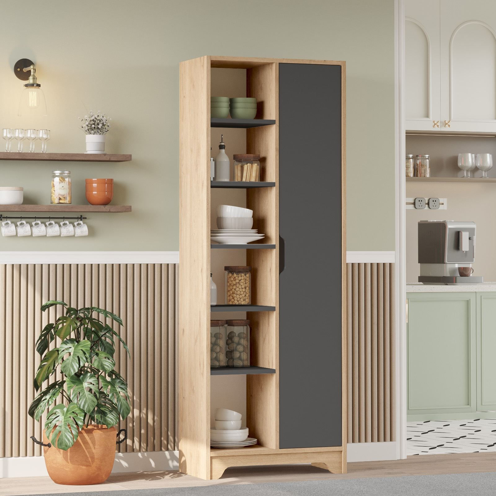 Dulap LIB2-SA, 72 x 180 x 34 cm, stejar antracit, PAL melaminat, spatiu de depozitare, fixare pe perete — imaginea 4