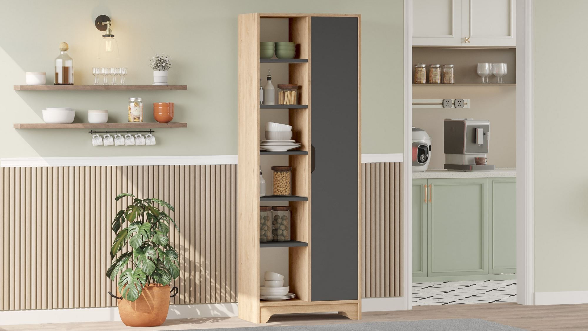 Dulap LIB2-SA, 72 x 180 x 34 cm, stejar antracit, PAL melaminat, spatiu de depozitare, fixare pe perete — imaginea 5