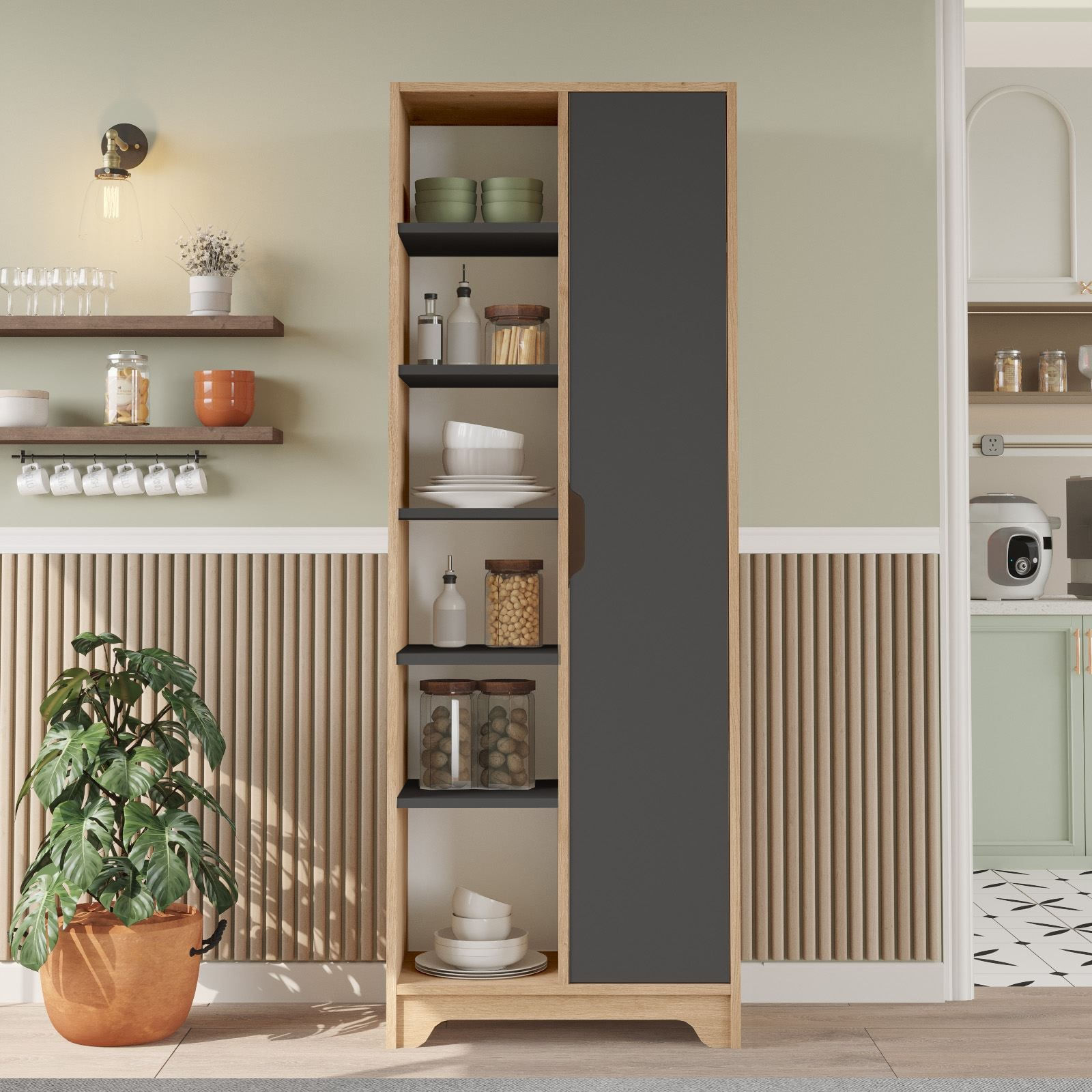 Dulap LIB2-SA, 72 x 180 x 34 cm, stejar antracit, PAL melaminat, spatiu de depozitare, fixare pe perete — imaginea 6