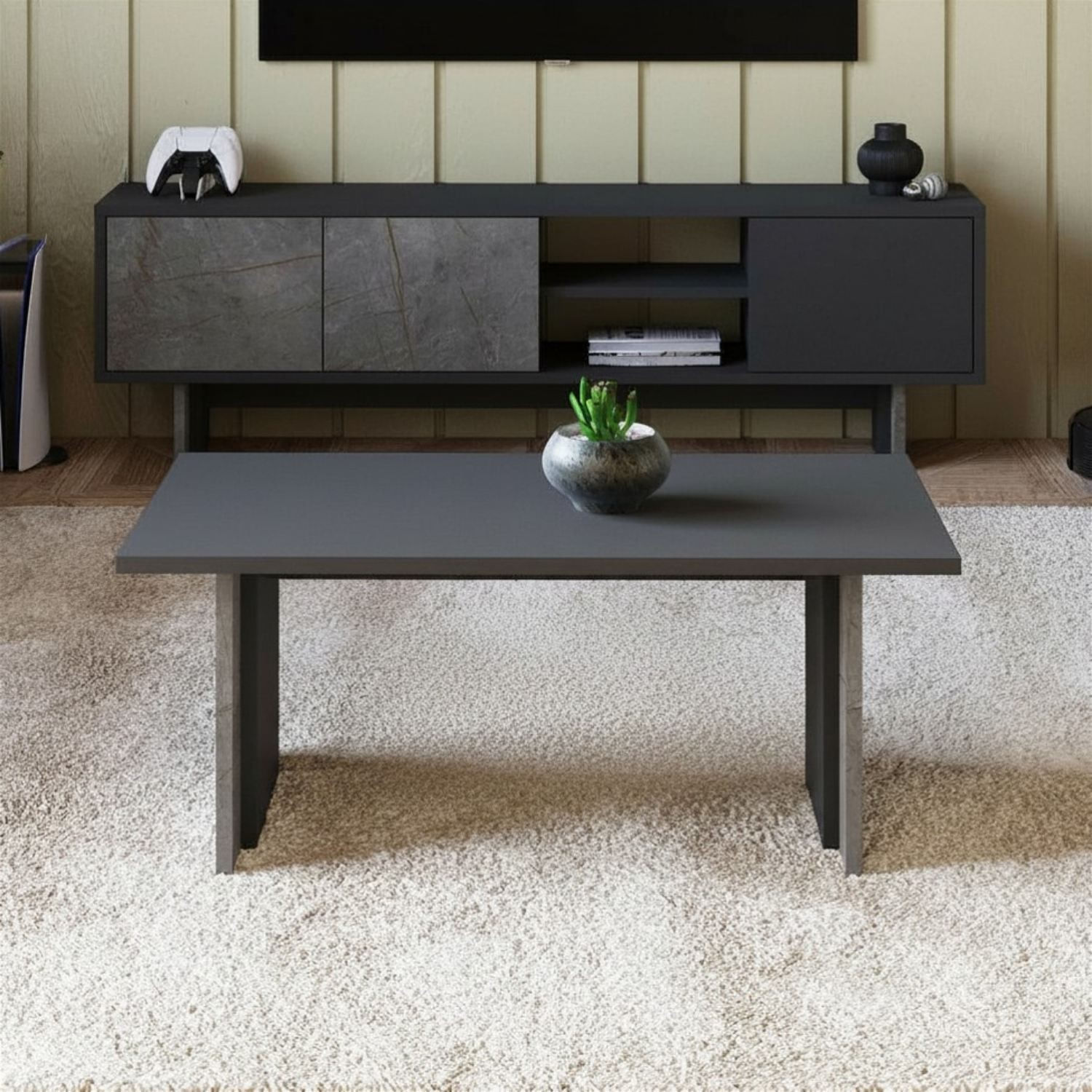 Masa de cafea Ravello, 90 x 40 x 50 cm, marmura antracit, PAL melaminat, design compact, marble / antracit — imaginea 3