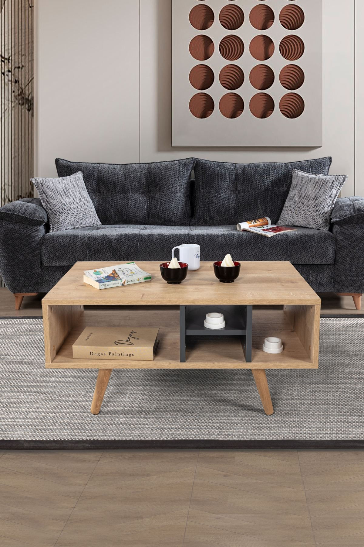 Masa de cafea Sina 2021, 90 x 43 x 55 cm, stejar safir antracit, PAL melaminat, design compact — imaginea 2