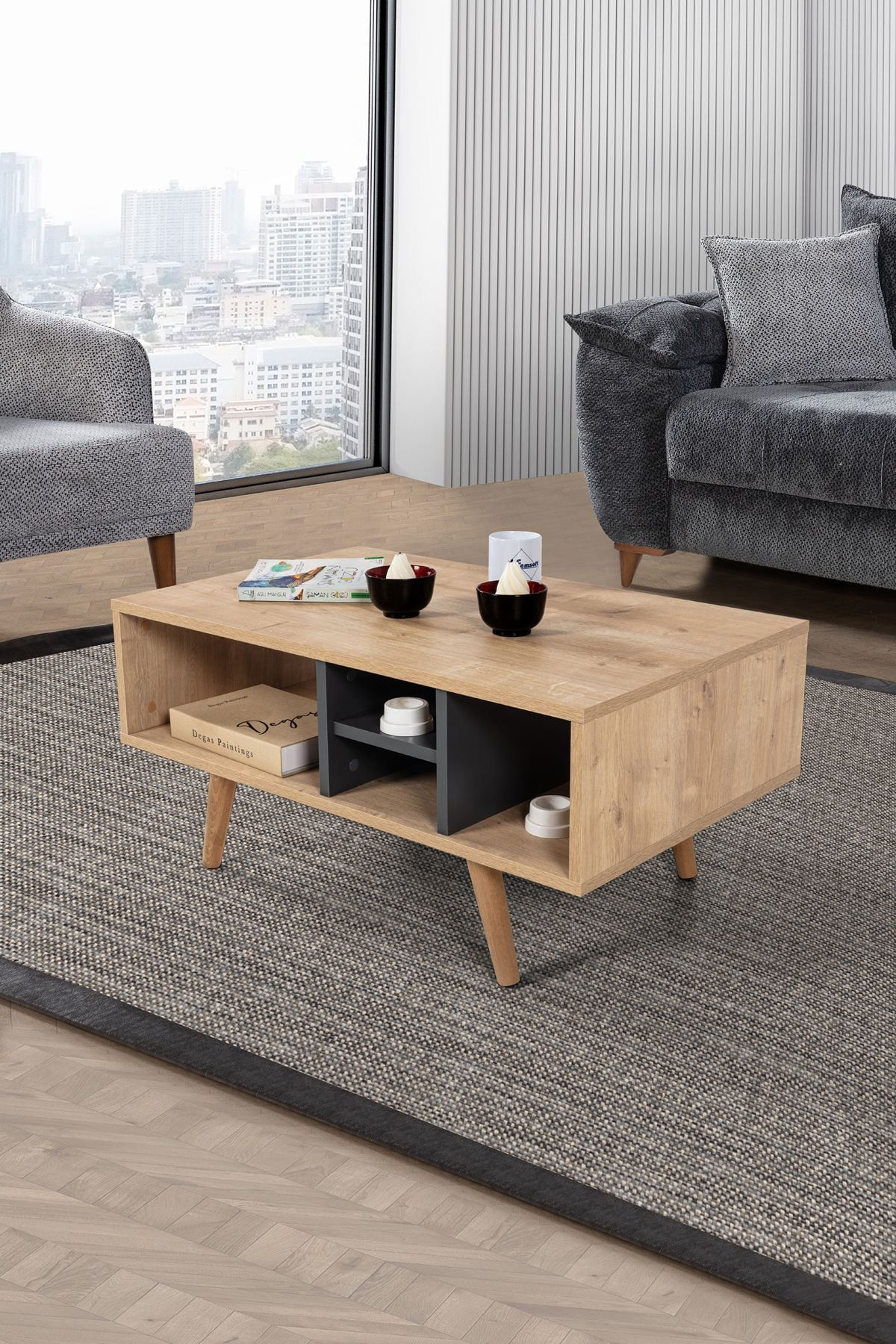 Masa de cafea Sina 2021, 90 x 43 x 55 cm, stejar safir antracit, PAL melaminat, design compact — imaginea 3
