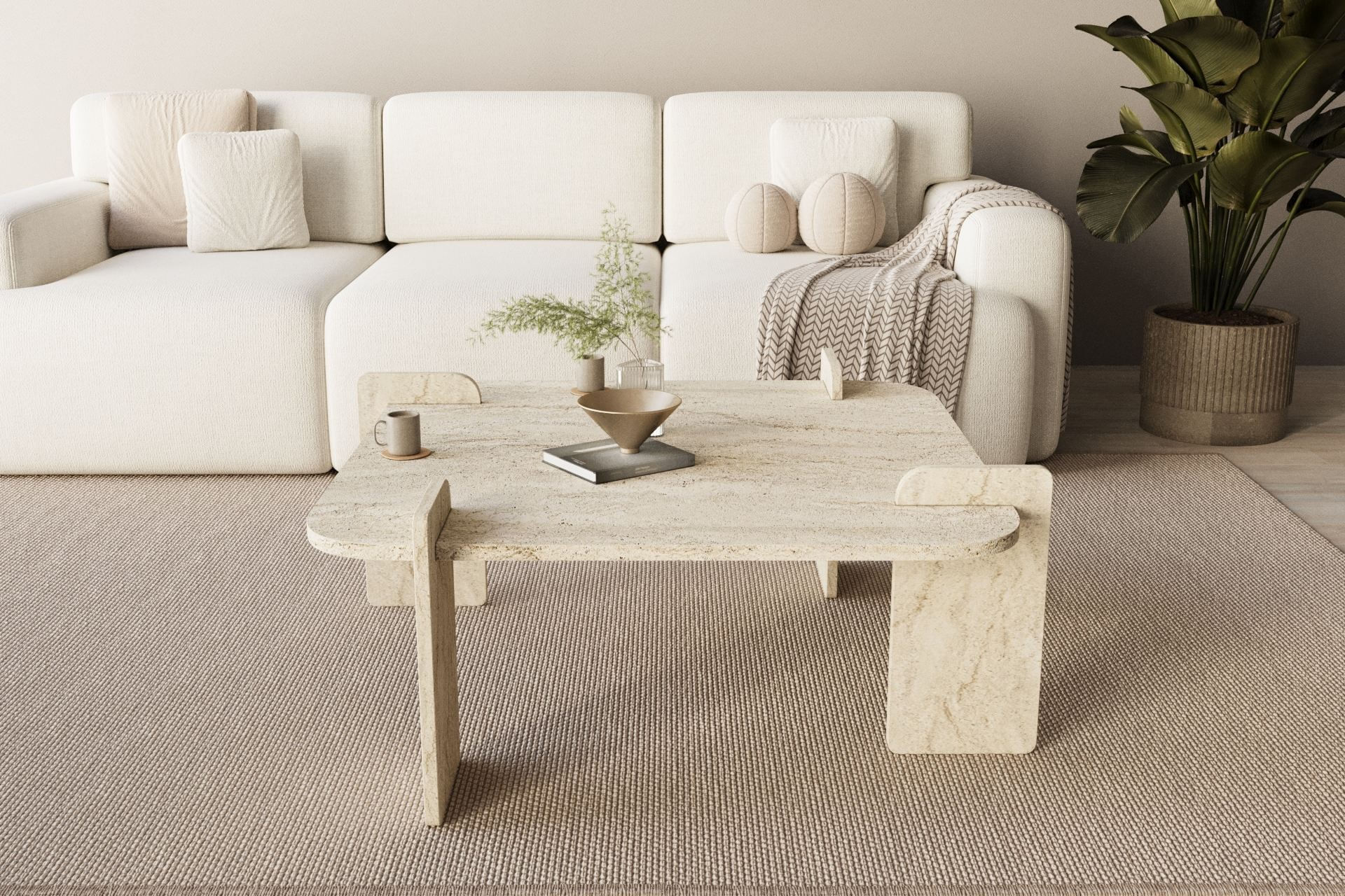 Masa de cafea Woog, 90 x 35 x 90 cm, travertin, PAL melaminat, design compact — imaginea 4