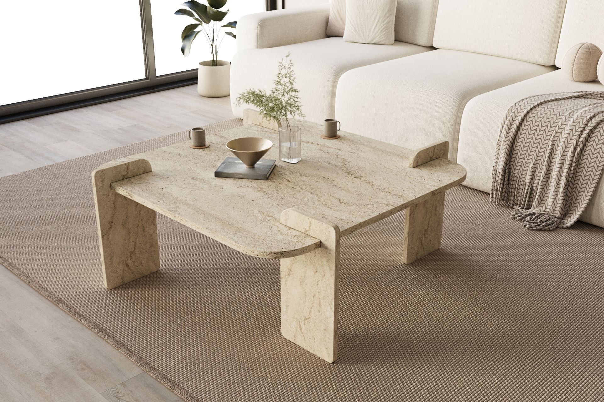 Masa de cafea Woog, 90 x 35 x 90 cm, travertin, PAL melaminat, design compact — imaginea 5