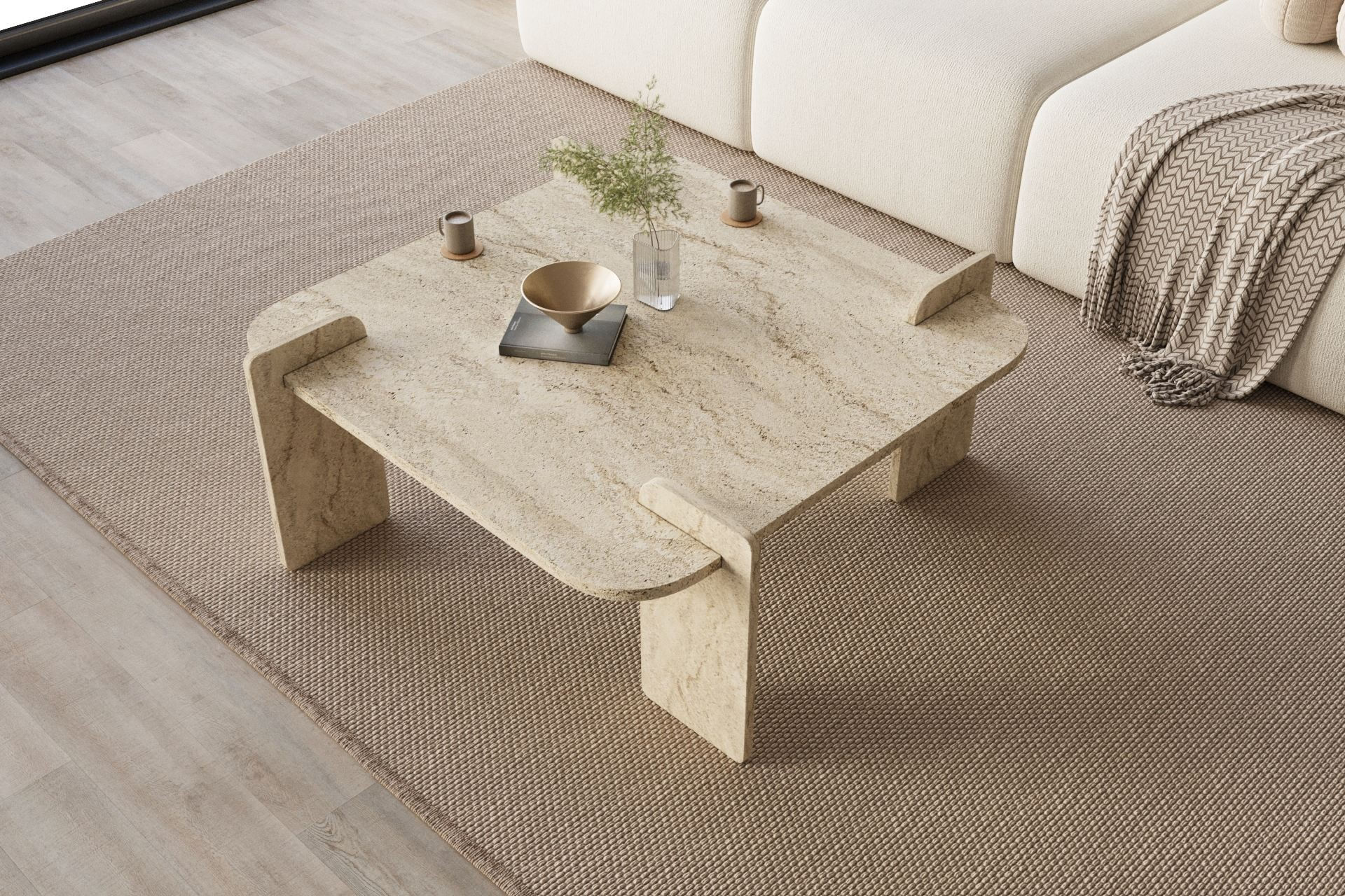 Masa de cafea Woog, 90 x 35 x 90 cm, travertin, PAL melaminat, design compact — imaginea 6