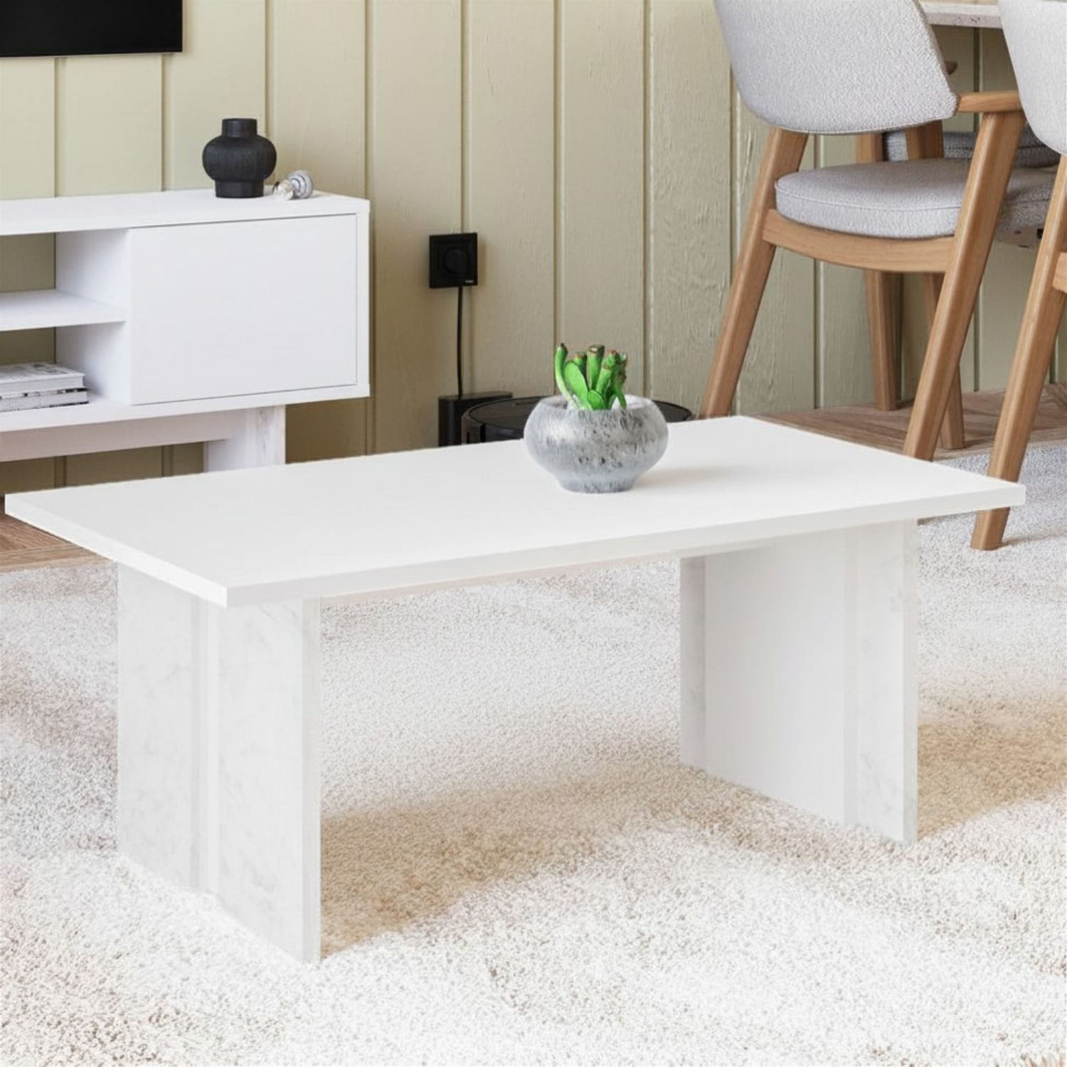 Masa de cafea Ravello, 90 x 40 x 50 cm, alb marmura, PAL melaminat, design compact, alb / marble — imaginea 3