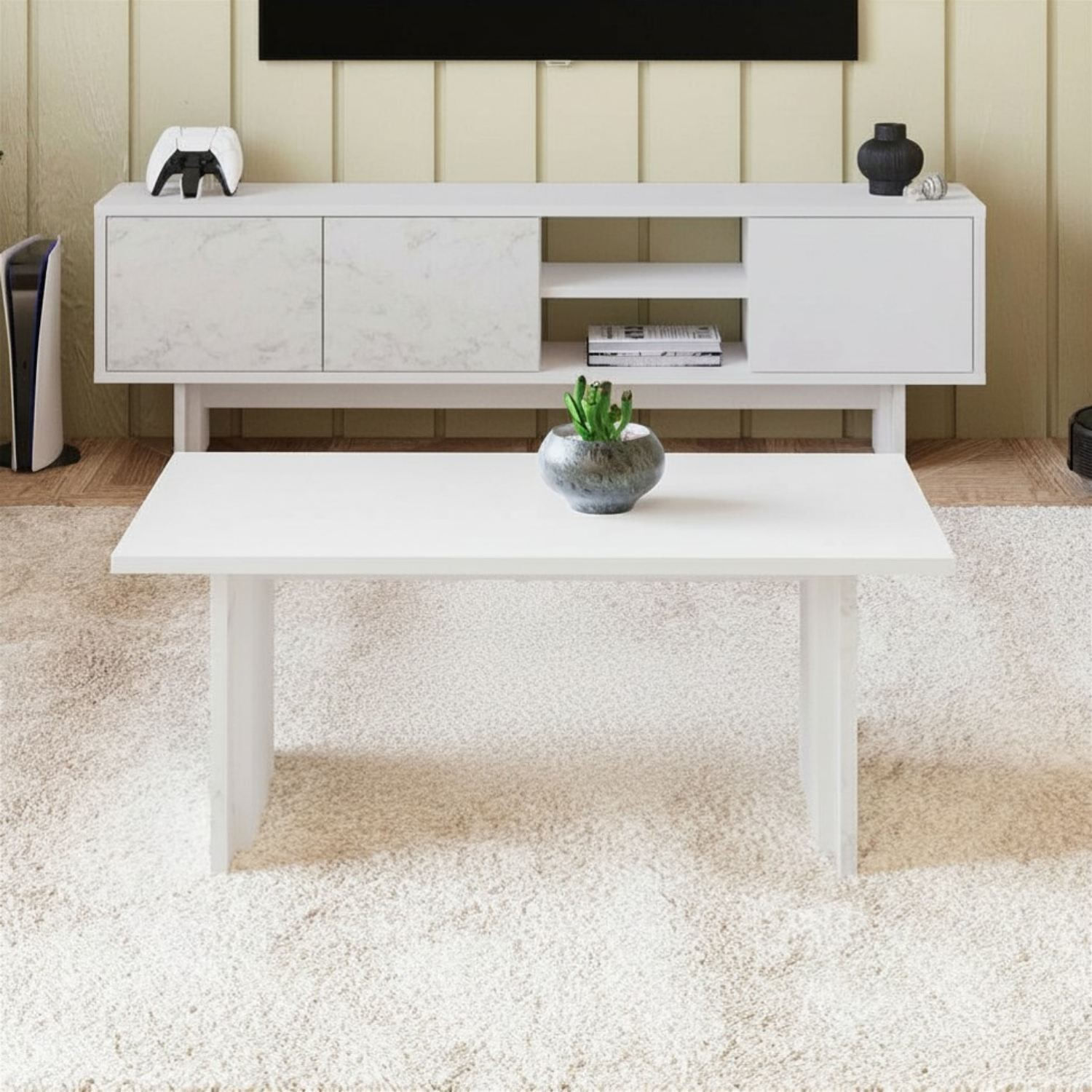 Masa de cafea Ravello, 90 x 40 x 50 cm, alb marmura, PAL melaminat, design compact, alb / marble — imaginea 4