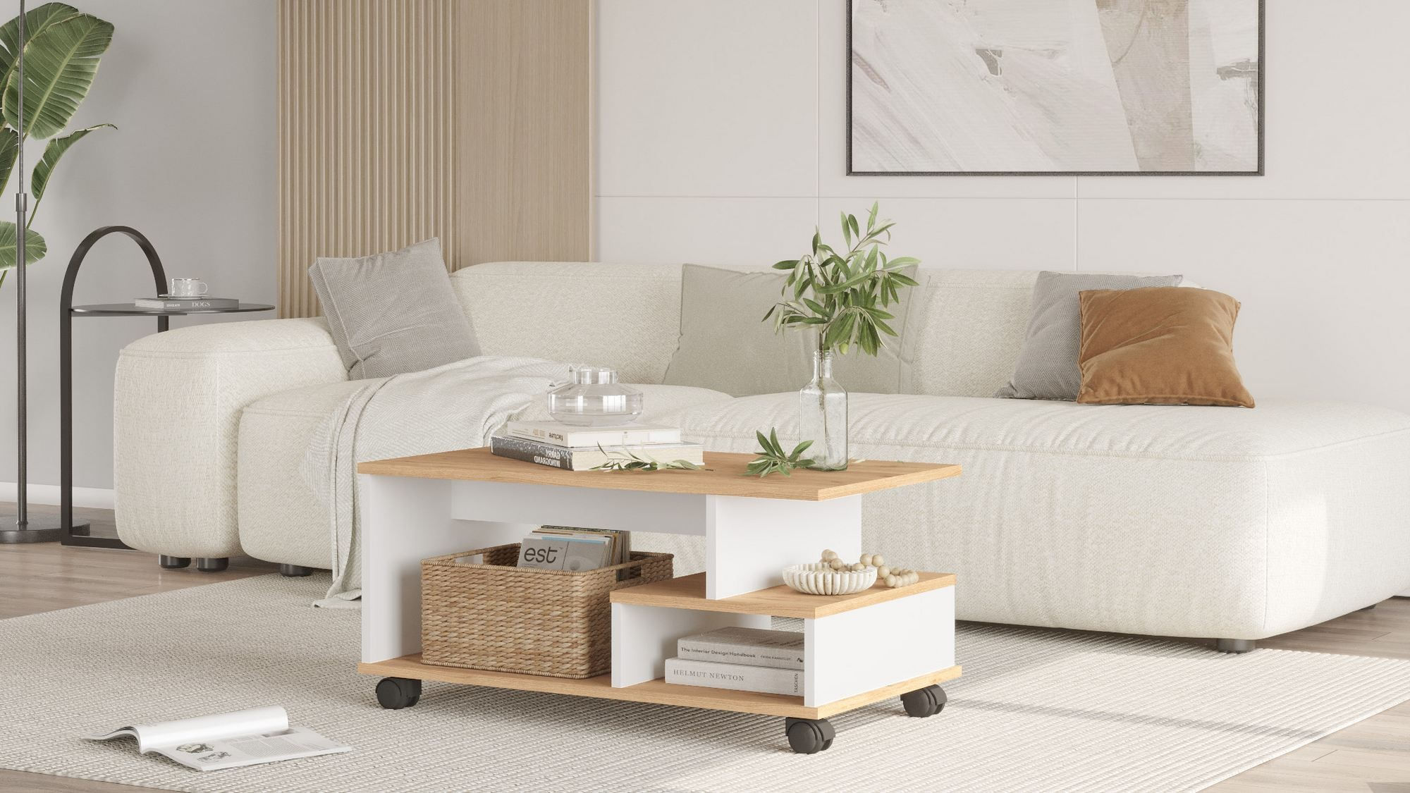 Masa de cafea MIN9-SW, 90 x 42,5 x 51 cm, stejar alb, PAL melaminat, design compact — imaginea 3