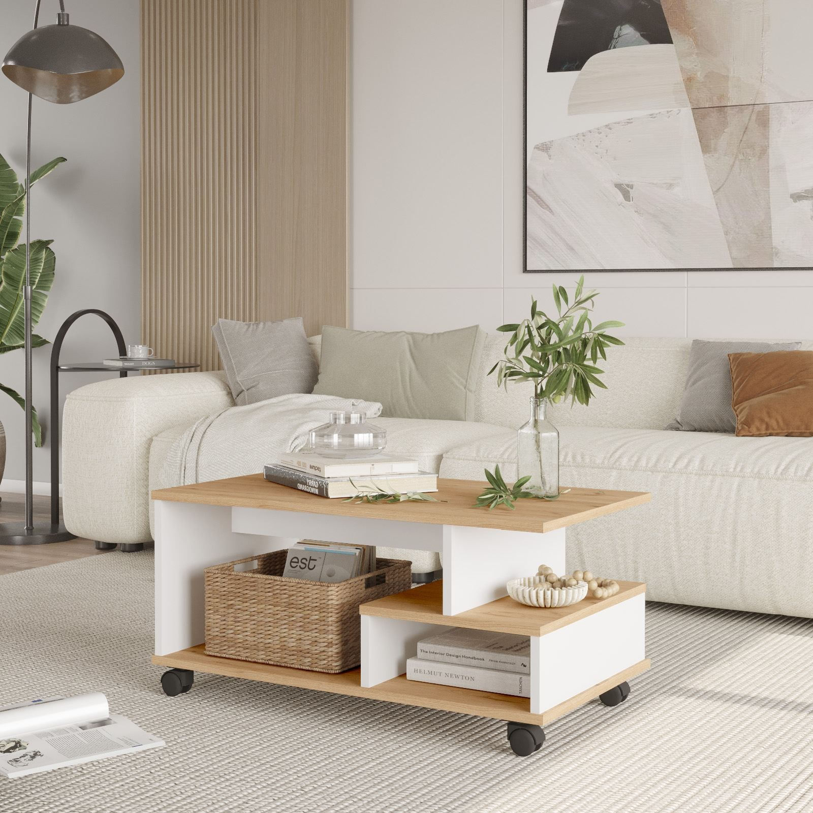 Masa de cafea MIN9-SW, 90 x 42,5 x 51 cm, stejar alb, PAL melaminat, design compact — imaginea 4