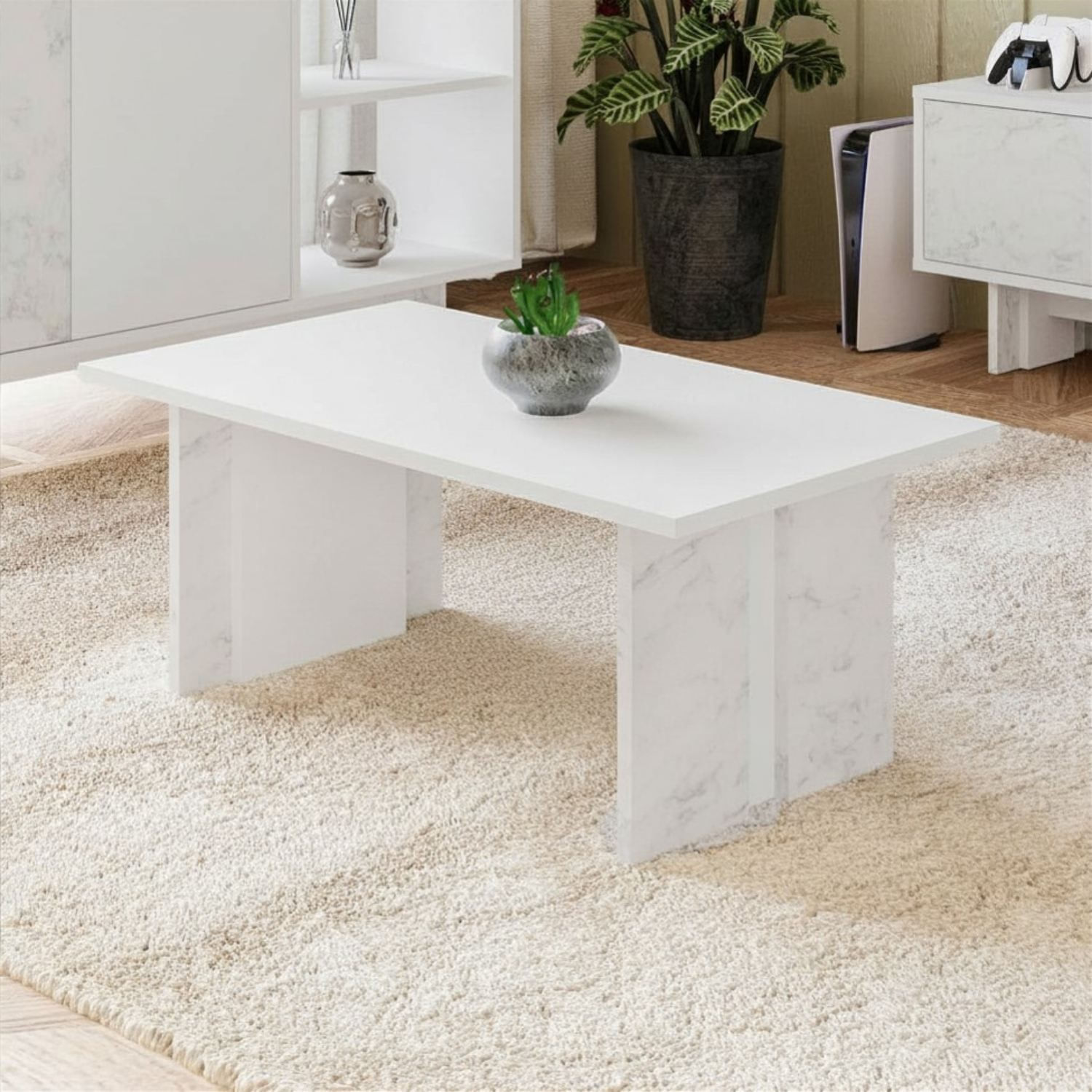 Masa de cafea Ravello, 90 x 40 x 50 cm, alb marmura, PAL melaminat, design compact, alb / marble — imaginea 5