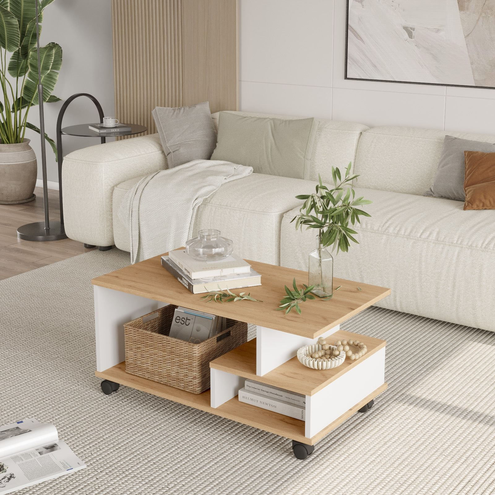 Masa de cafea MIN9-SW, 90 x 42,5 x 51 cm, stejar alb, PAL melaminat, design compact — imaginea 5