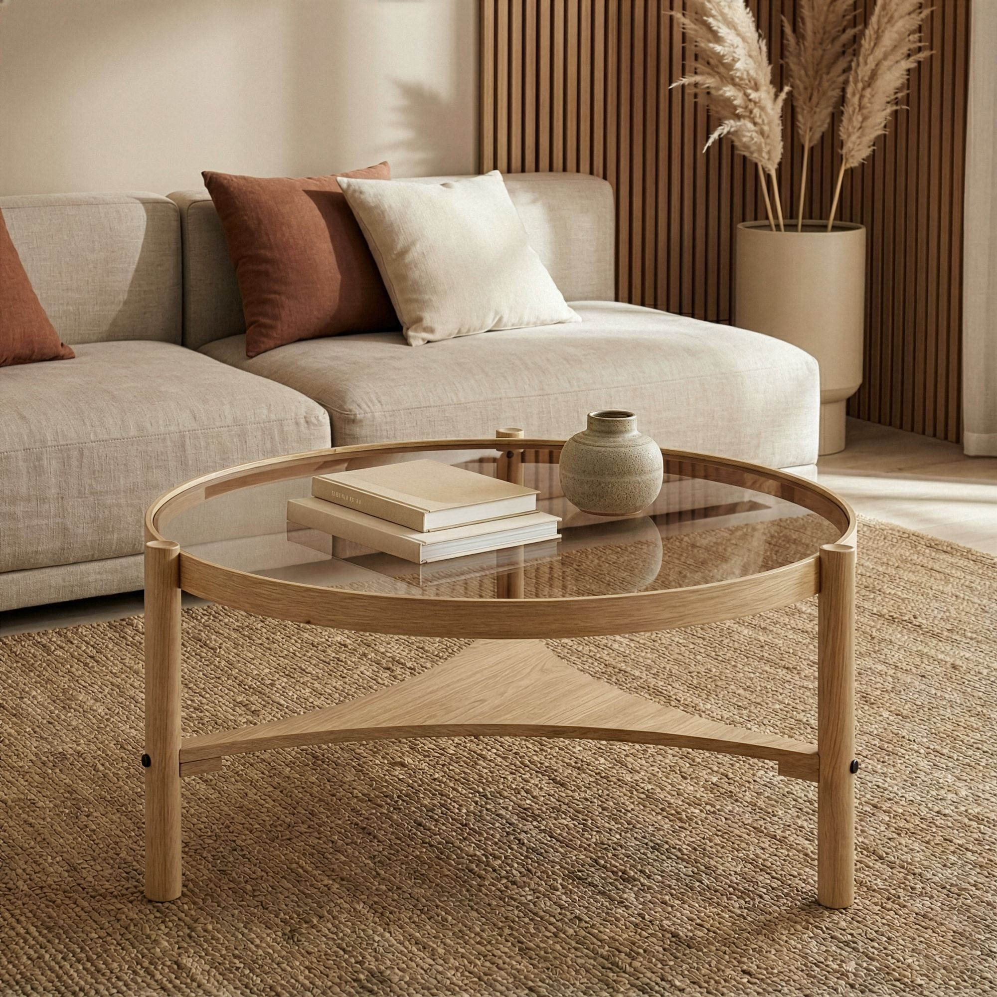 Masa de cafea Clover, 100 x 46 x 100 cm, lemn, design compact, stejar — imaginea 5