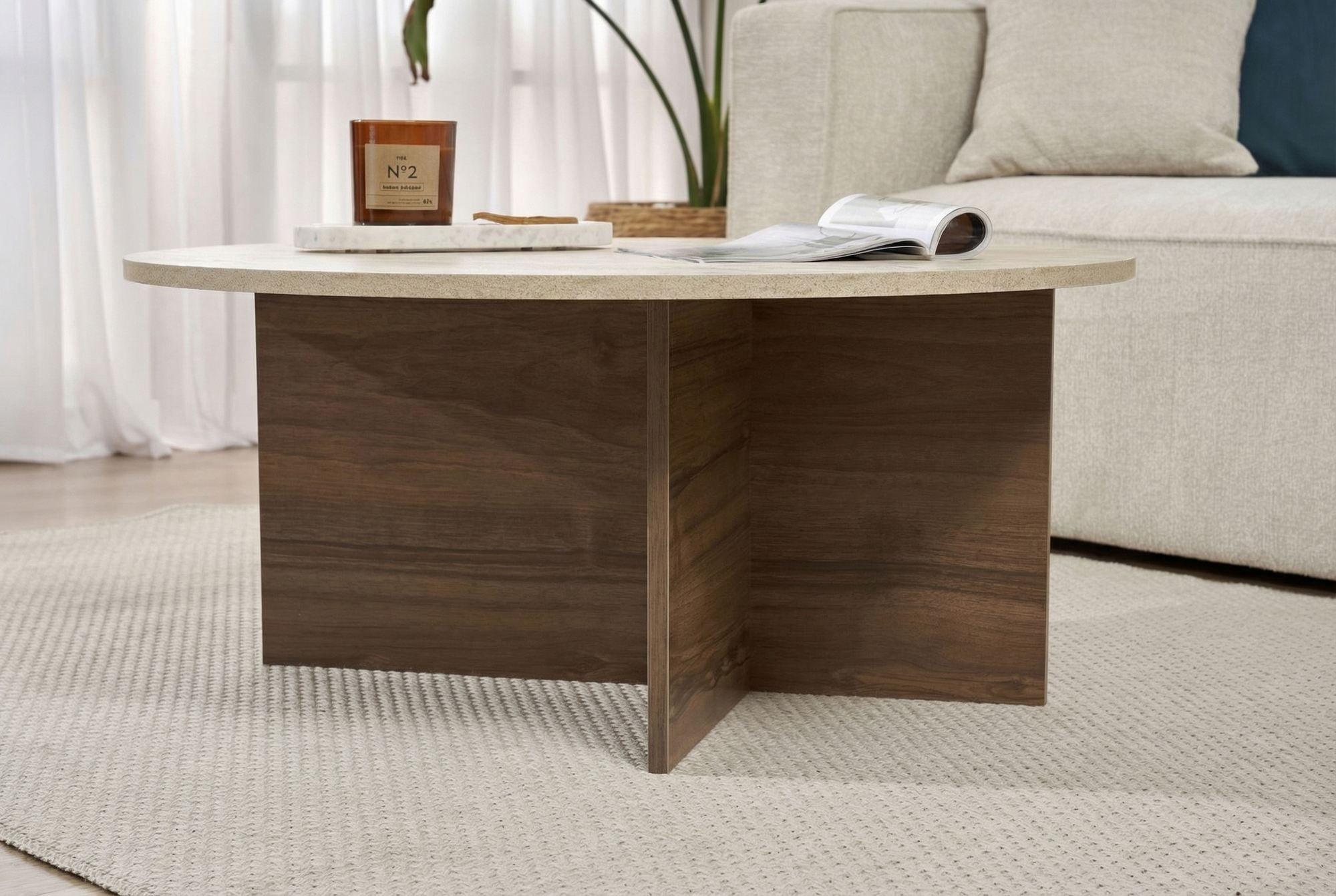 Masa de cafea Soleil, 90 x 40 x 90 cm, PAL melaminat, capacitate 20 kg, travertin / venezia nuc — imaginea 3