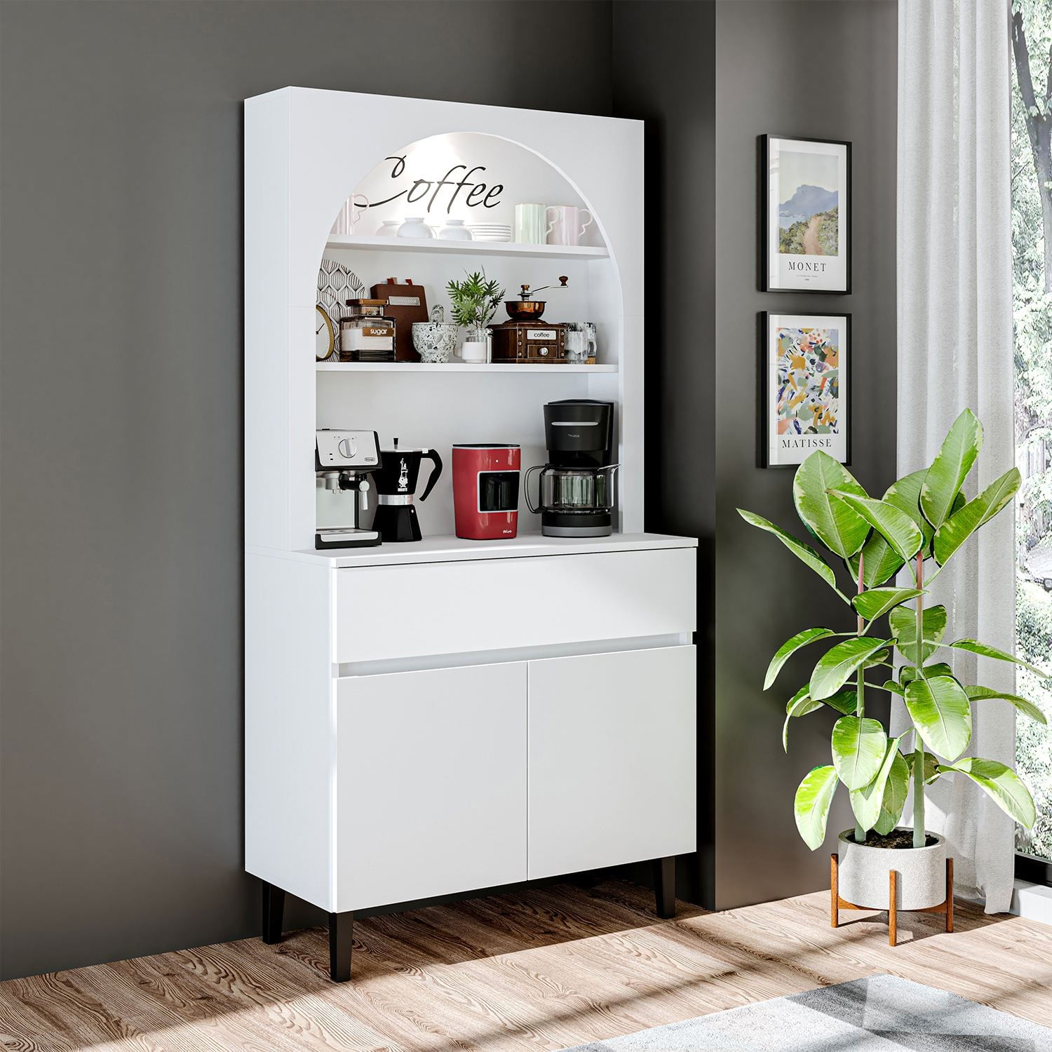 Dulap pentru cafea 2802, 90 x 179 x 42 cm, alb, PAL melaminat, spatiu de depozitare, fixare pe perete — imaginea 4