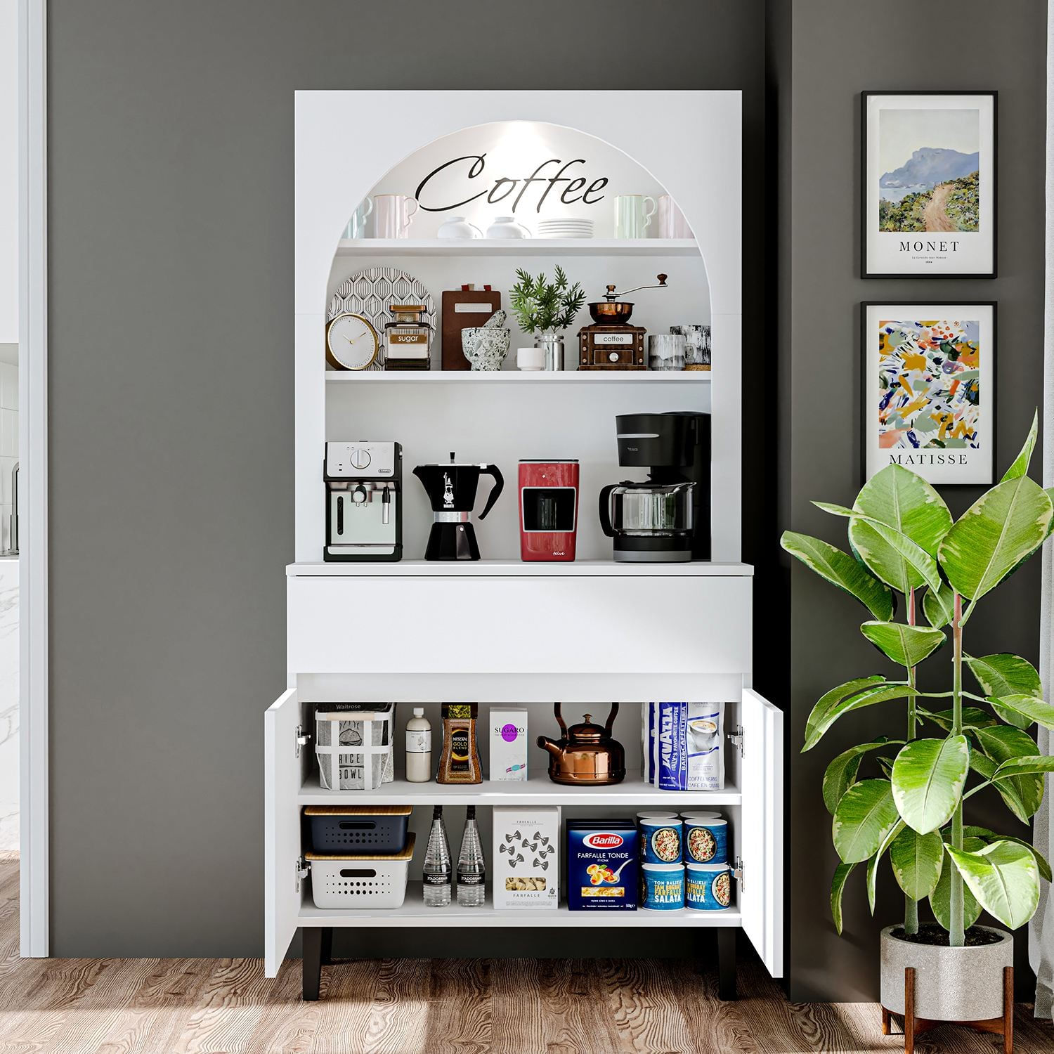 Dulap pentru cafea 2802, 90 x 179 x 42 cm, alb, PAL melaminat, spatiu de depozitare, fixare pe perete — imaginea 6