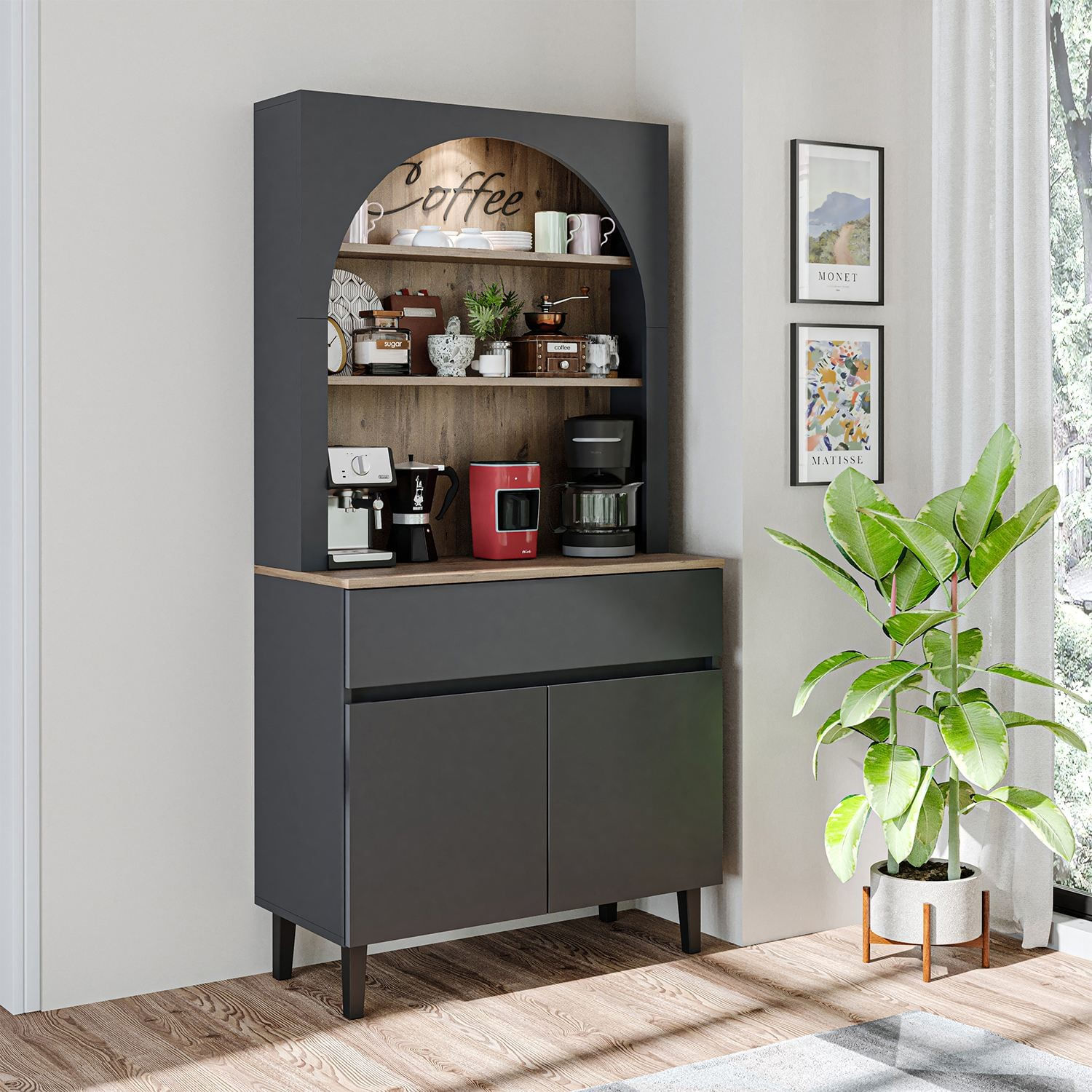Dulap pentru cafea 2805, 90 x 179 x 42 cm, antracit pin atlantic, PAL melaminat, spatiu de depozitare, fixare pe perete — imaginea 2