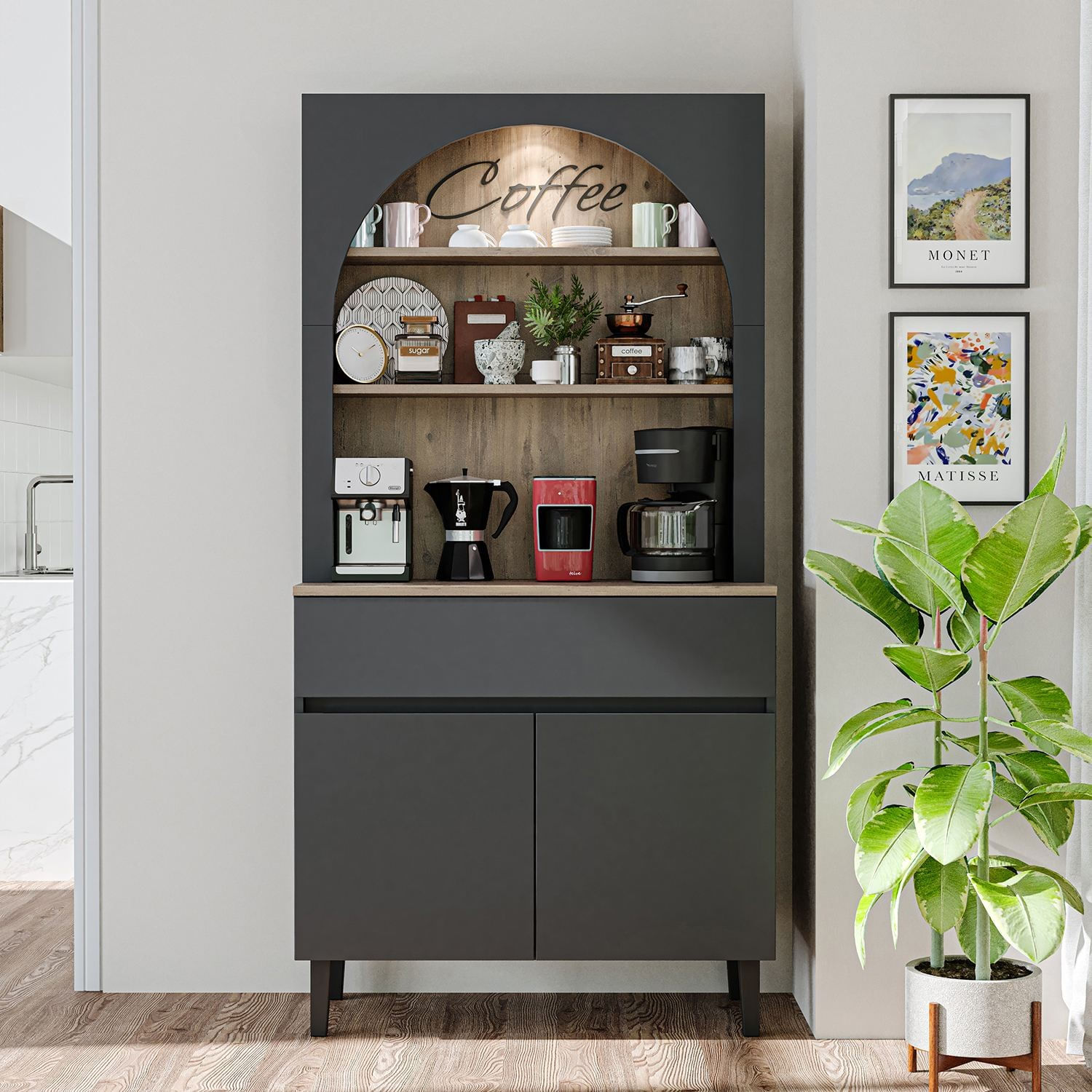 Dulap pentru cafea 2805, 90 x 179 x 42 cm, antracit pin atlantic, PAL melaminat, spatiu de depozitare, fixare pe perete — imaginea 3