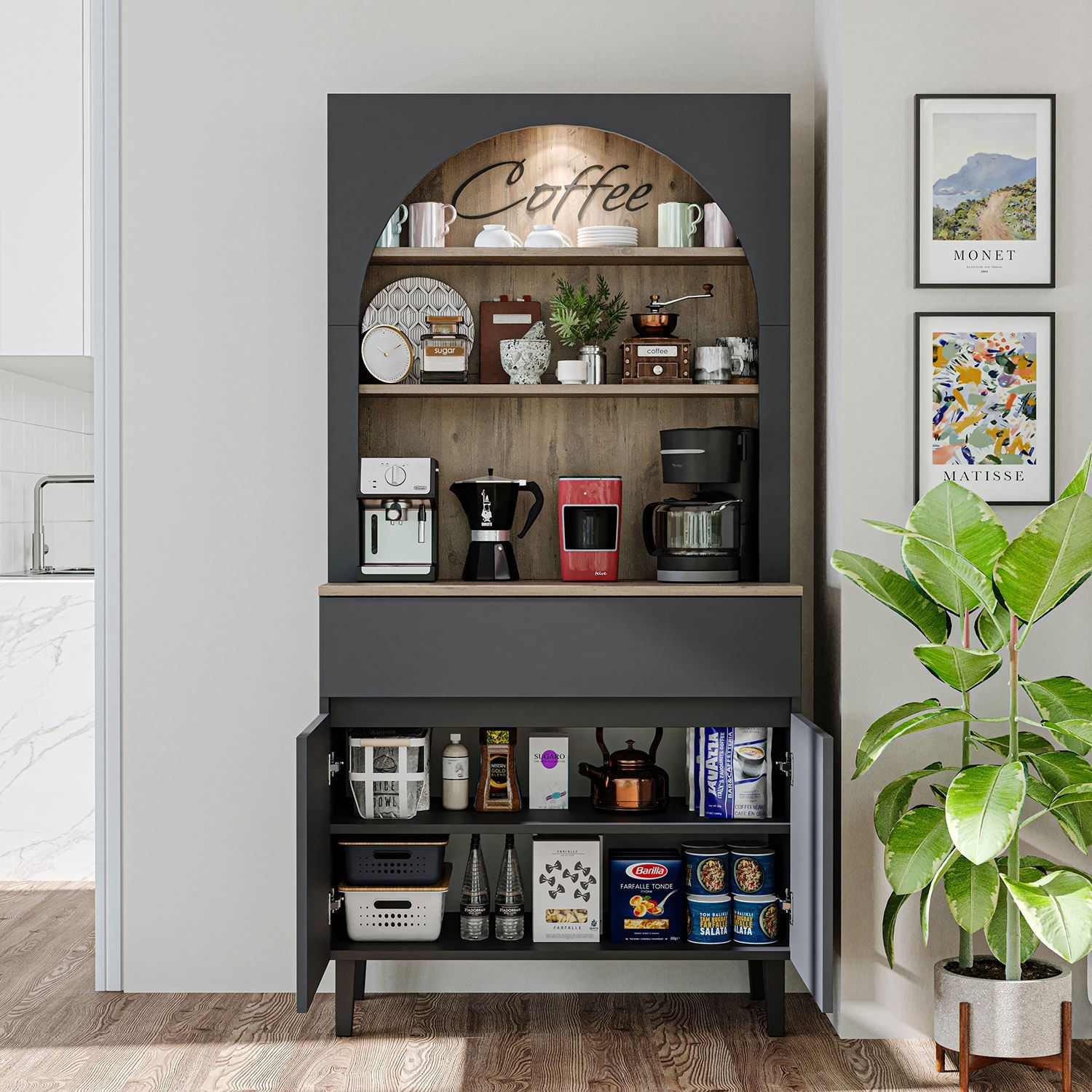 Dulap pentru cafea 2805, 90 x 179 x 42 cm, antracit pin atlantic, PAL melaminat, spatiu de depozitare, fixare pe perete — imaginea 5