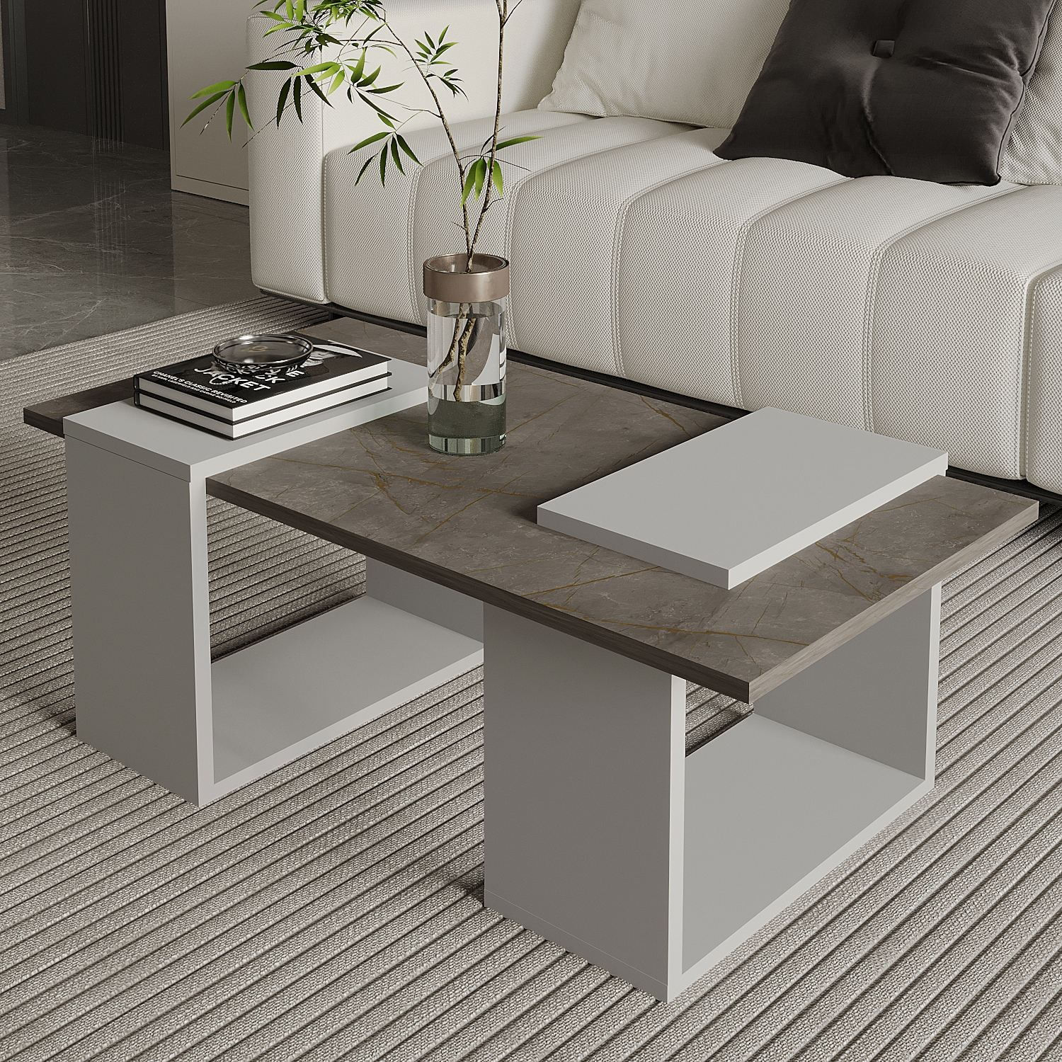 Masa de cafea Matris, 90 x 37 x 46, 6 cm, gordion marmura gri, PAL melaminat, design compact, gordion marble / gri — imaginea 3