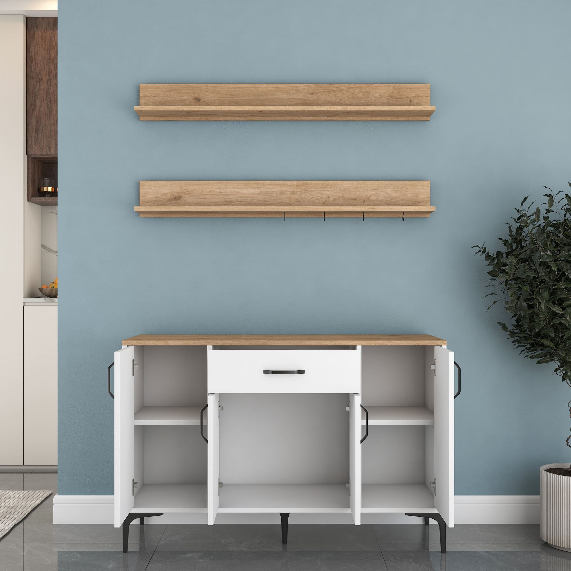Dulap JE233, 120 x 78,6 x 40 cm, alb nuc, PAL, spatiu de depozitare, fixare pe perete — imaginea 2
