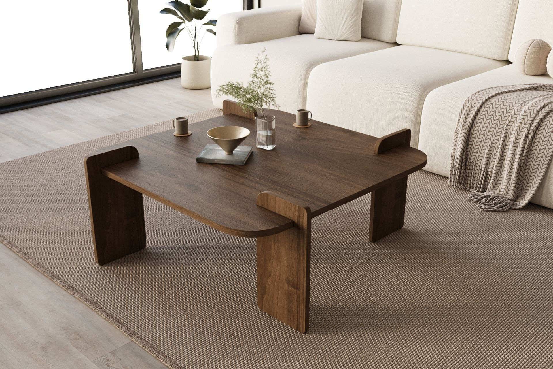 Masa de cafea lemn, 90 x 35 x 90 cm, nuc, PAL melaminat, design compact — imaginea 4