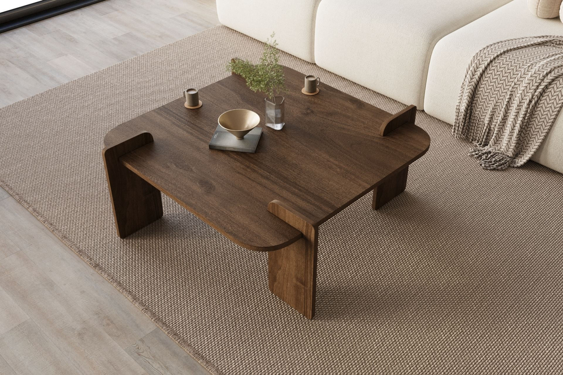 Masa de cafea lemn, 90 x 35 x 90 cm, nuc, PAL melaminat, design compact — imaginea 6