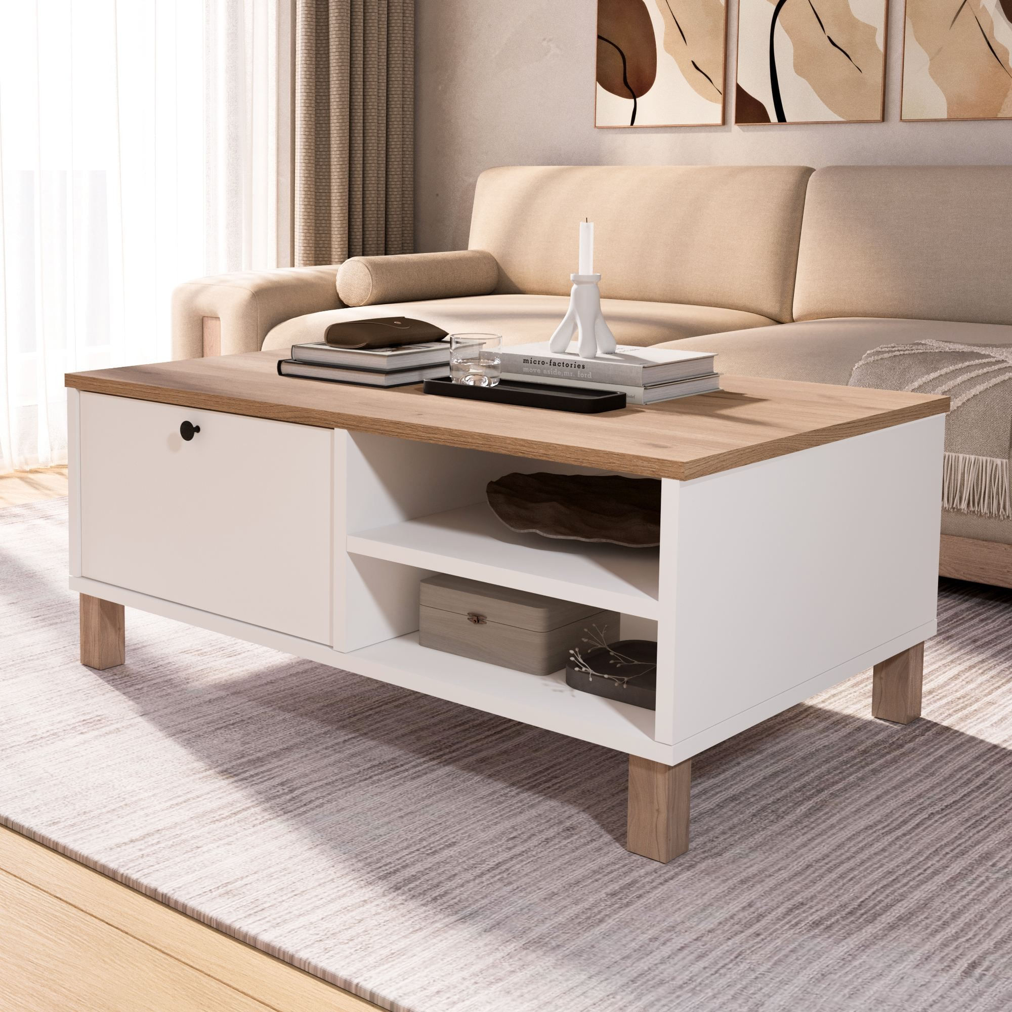 Masa de cafea Nord - ND8-SW, 90 x 38,6 x 60 cm, alb si stejar, PAL melaminat, design compact — imaginea 2