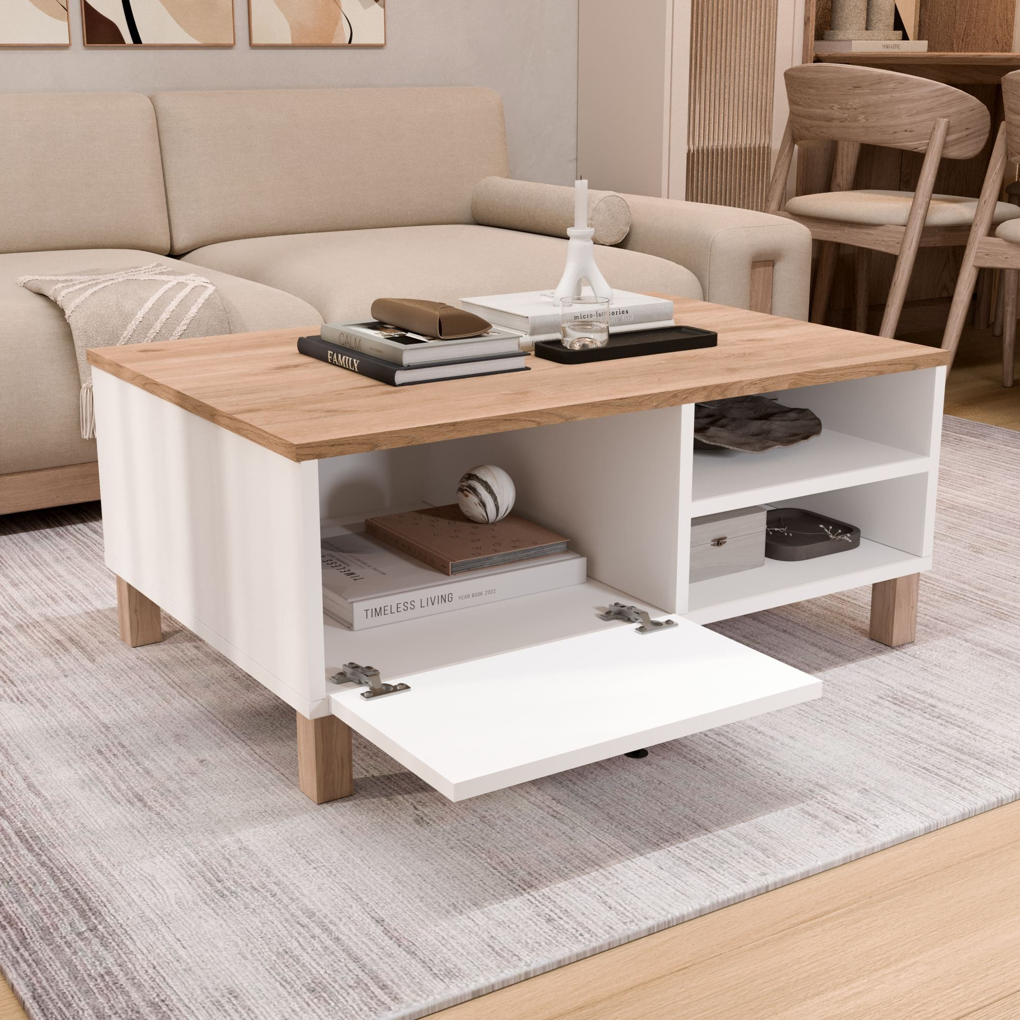 Masa de cafea Nord - ND8-SW, 90 x 38,6 x 60 cm, alb si stejar, PAL melaminat, design compact — imaginea 3