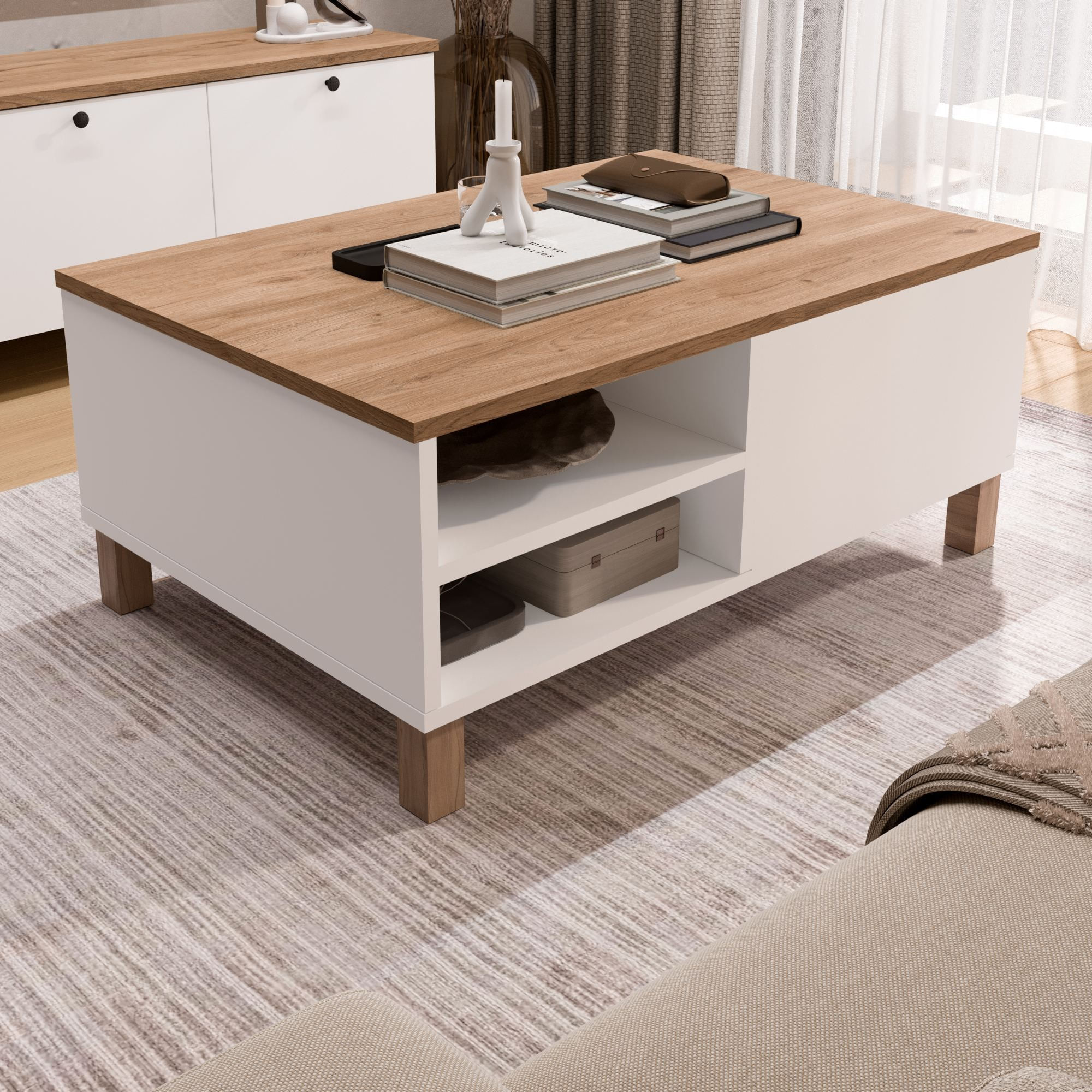 Masa de cafea Nord - ND8-SW, 90 x 38,6 x 60 cm, alb si stejar, PAL melaminat, design compact — imaginea 4