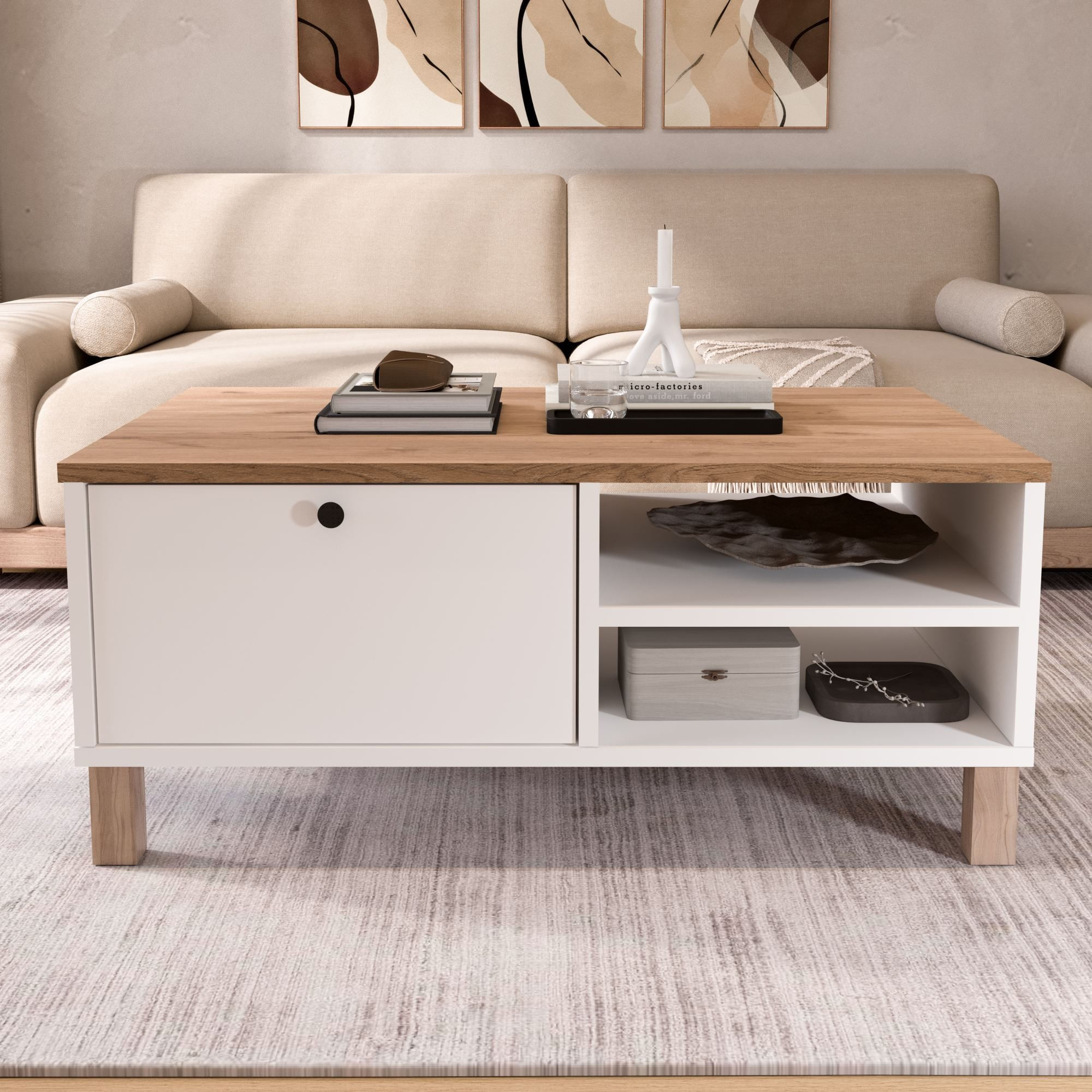 Masa de cafea Nord - ND8-SW, 90 x 38,6 x 60 cm, alb si stejar, PAL melaminat, design compact — imaginea 5