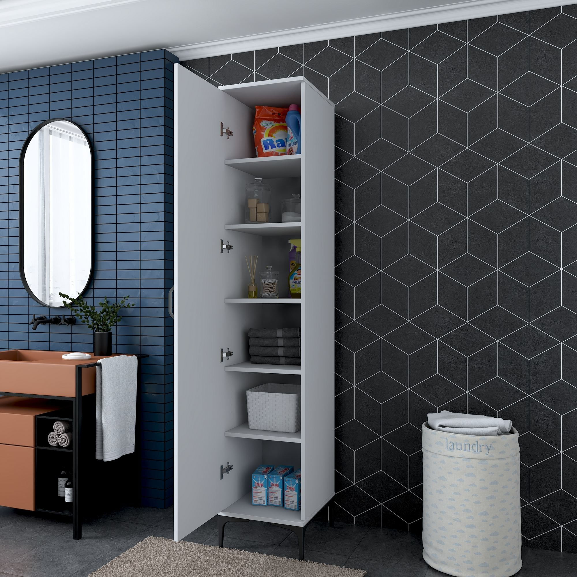 Dulap JE252, 40 x 204,2 x 45 cm, alb, PAL, spatiu de depozitare, fixare pe perete — imaginea 10