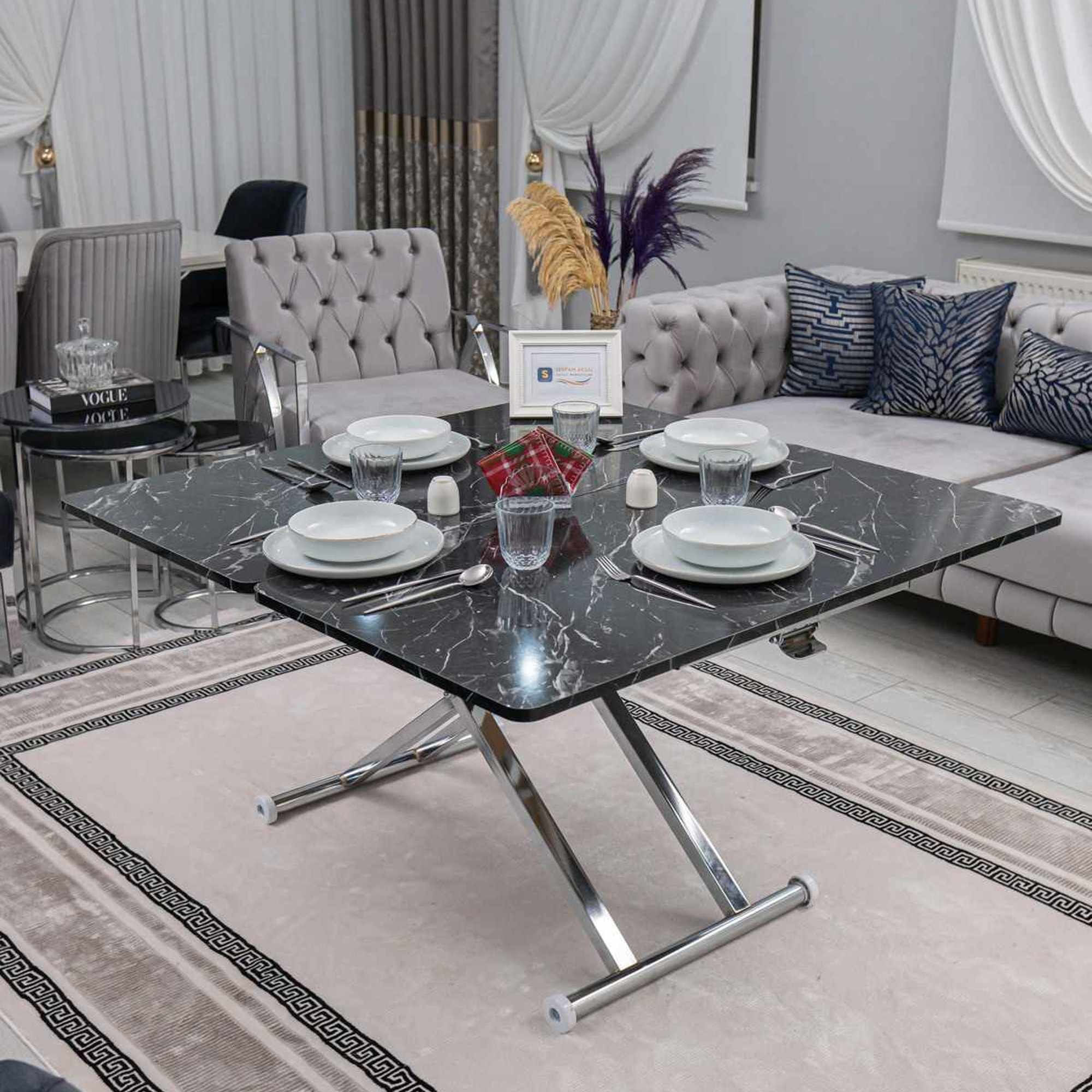 Masa de cafea Home Ext, negru marmura crom, MDF, capacitate 125 kg, negru marble / crom — imaginea 2