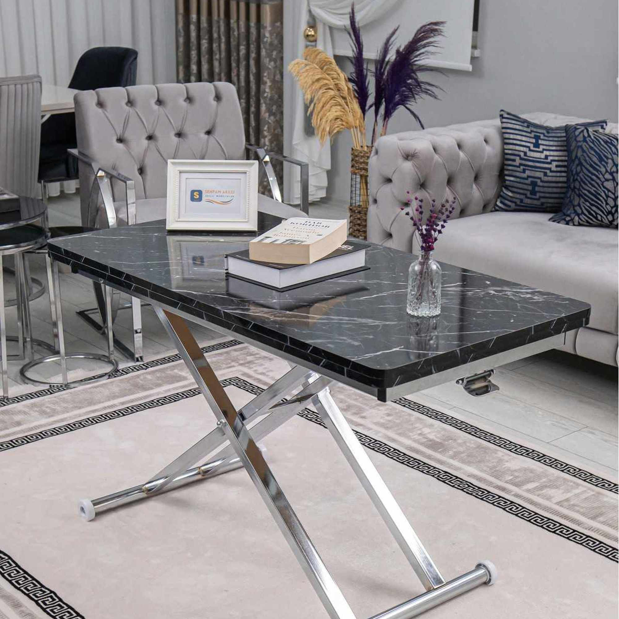 Masa de cafea Home Ext, negru marmura crom, MDF, capacitate 125 kg, negru marble / crom — imaginea 6