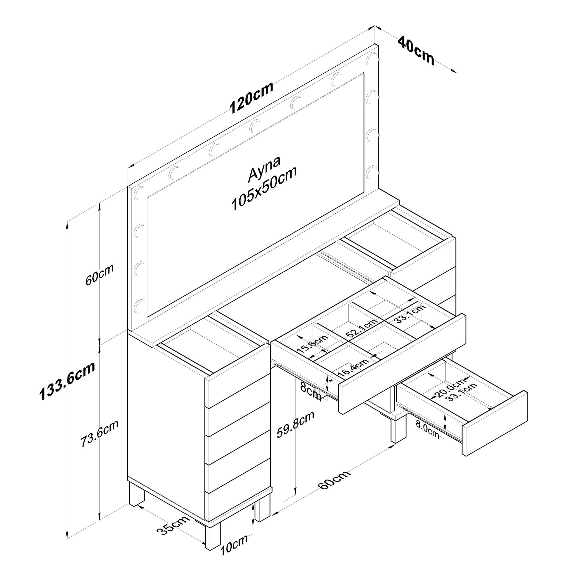 Masa de machiaj BJ199, 120 x 73,6 x 40 cm, alb, PAL, oglinda inclusa — imaginea 2