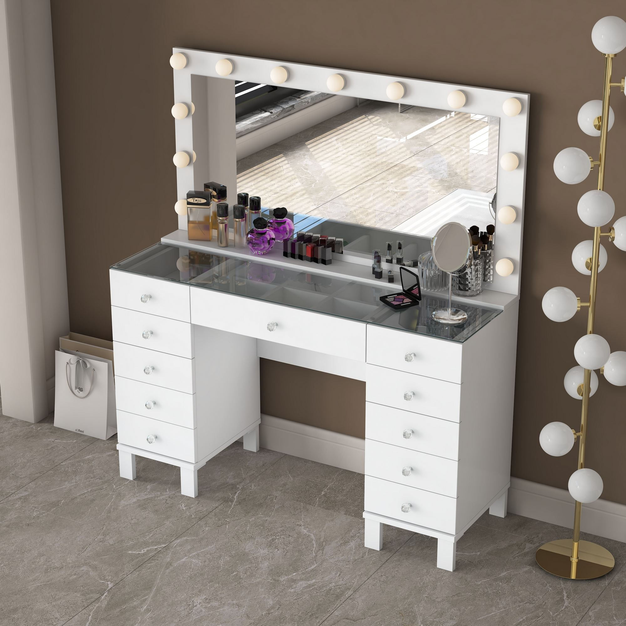 Masa de machiaj BJ199, 120 x 73,6 x 40 cm, alb, PAL, oglinda inclusa — imaginea 11