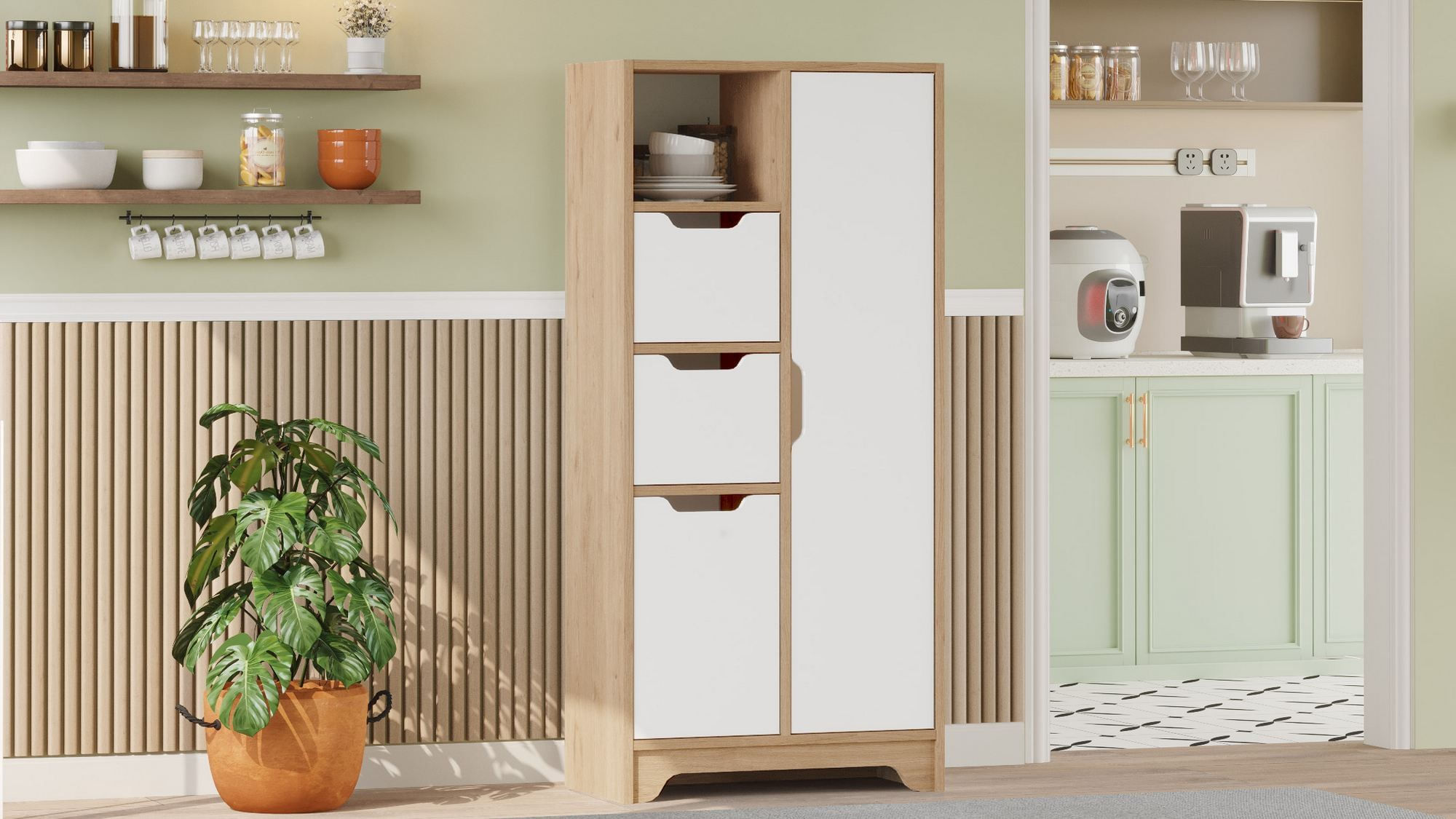 Dulap LIB1-SW, 71 x 140 x 34 cm, stejar alb, PAL melaminat, spatiu de depozitare, fixare pe perete — imaginea 3