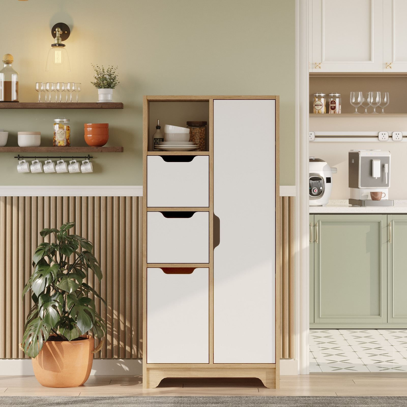 Dulap LIB1-SW, 71 x 140 x 34 cm, stejar alb, PAL melaminat, spatiu de depozitare, fixare pe perete — imaginea 6