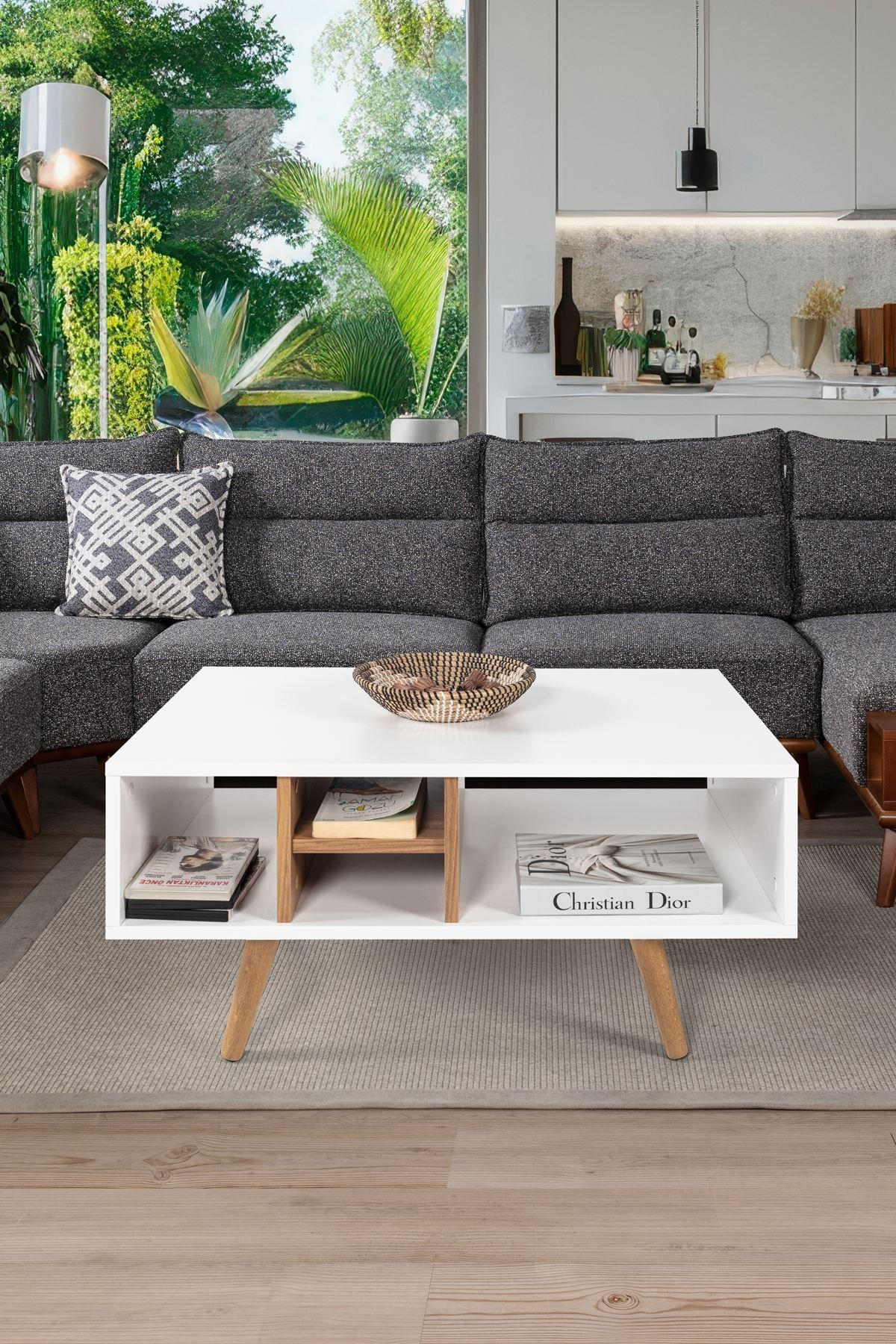 Masa de cafea Sina 2024, 90 x 43 x 55 cm, alb nuc, PAL melaminat, design compact — imaginea 2
