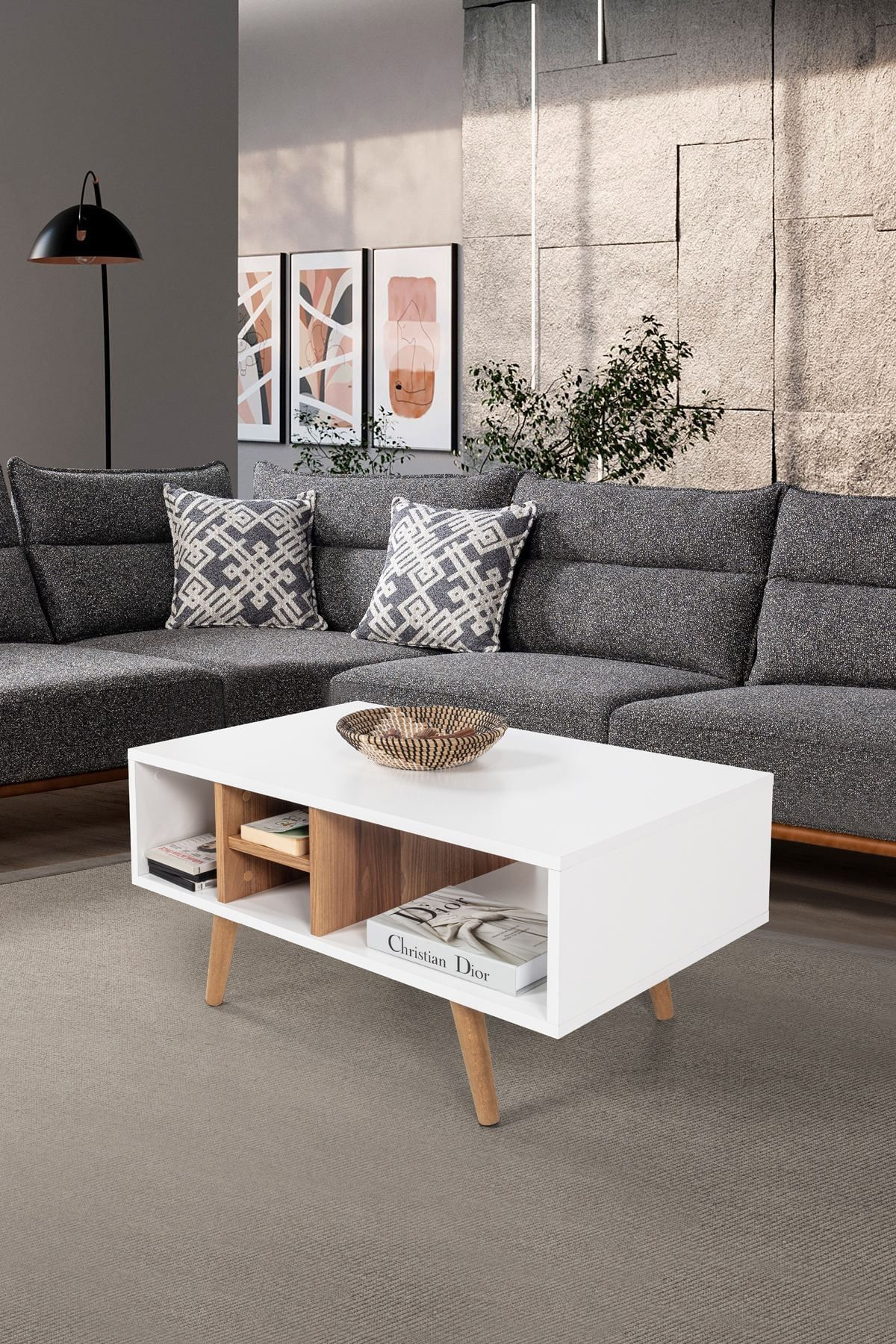 Masa de cafea Sina 2024, 90 x 43 x 55 cm, alb nuc, PAL melaminat, design compact — imaginea 3