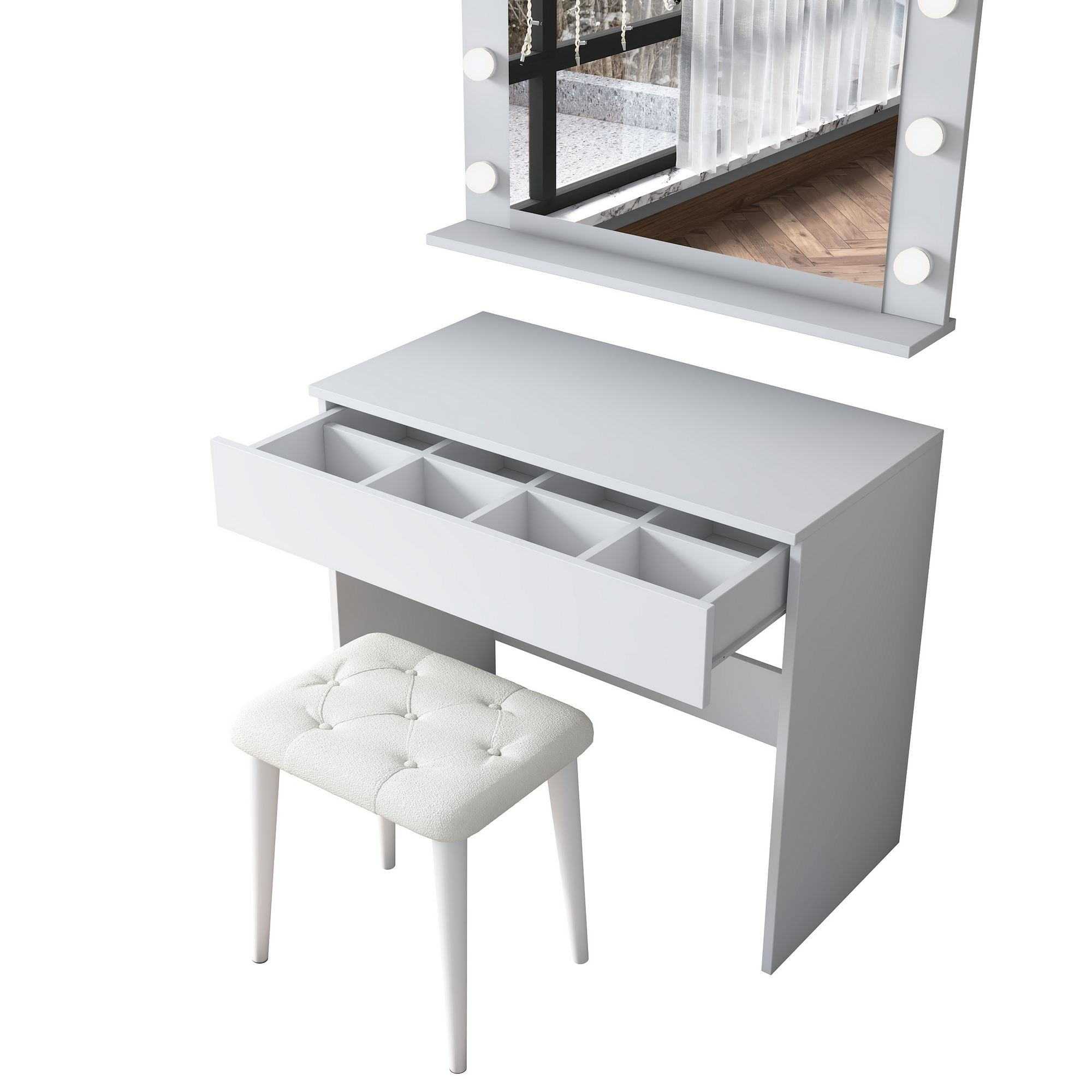 Masa de machiaj BJ161, 90 x 76,8 x 45 cm, alb, PAL, oglinda inclusa — imaginea 6