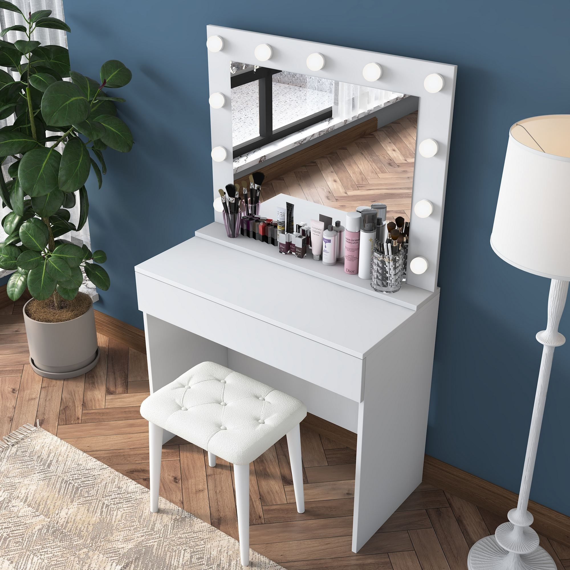 Masa de machiaj BJ161, 90 x 76,8 x 45 cm, alb, PAL, oglinda inclusa — imaginea 8