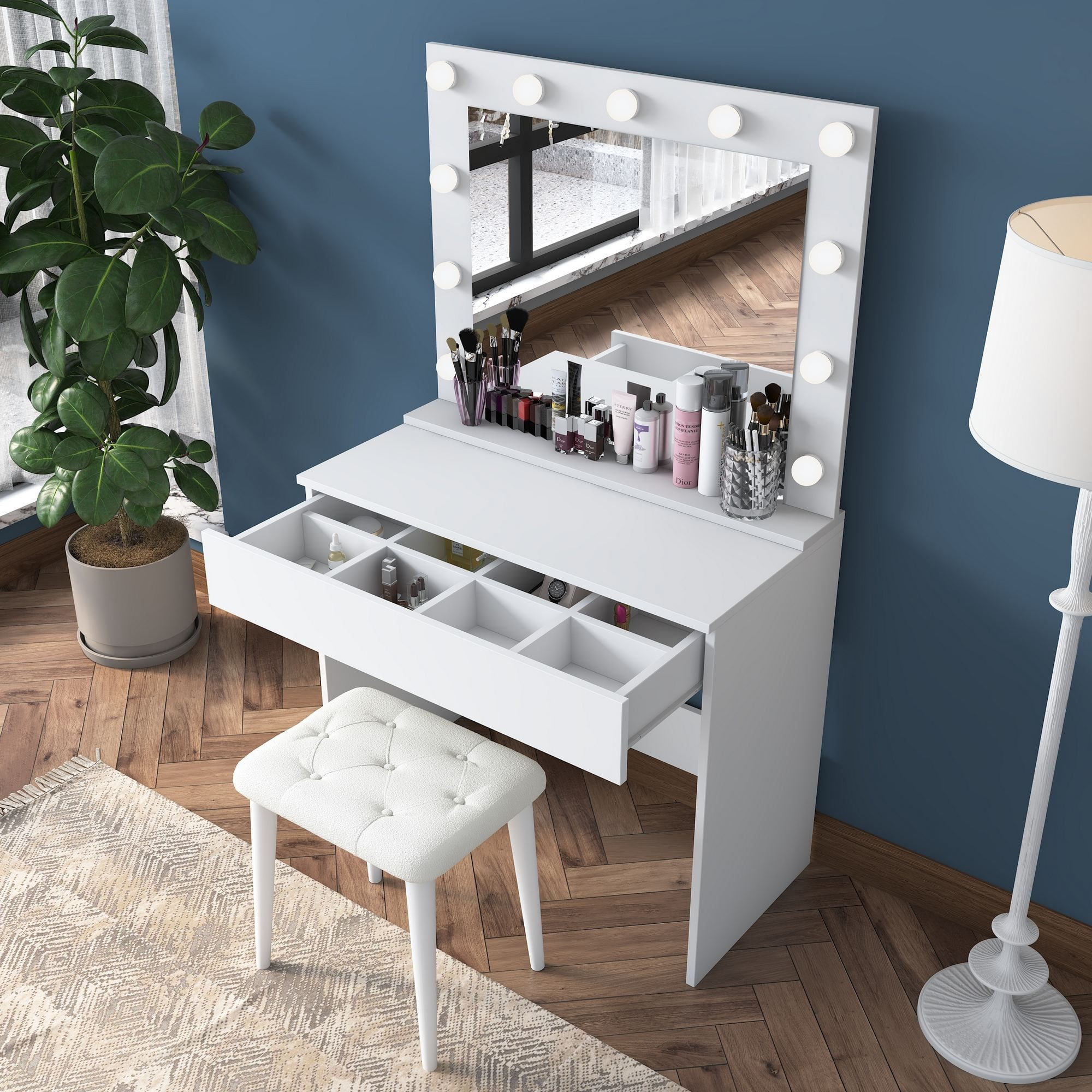 Masa de machiaj BJ161, 90 x 76,8 x 45 cm, alb, PAL, oglinda inclusa — imaginea 9